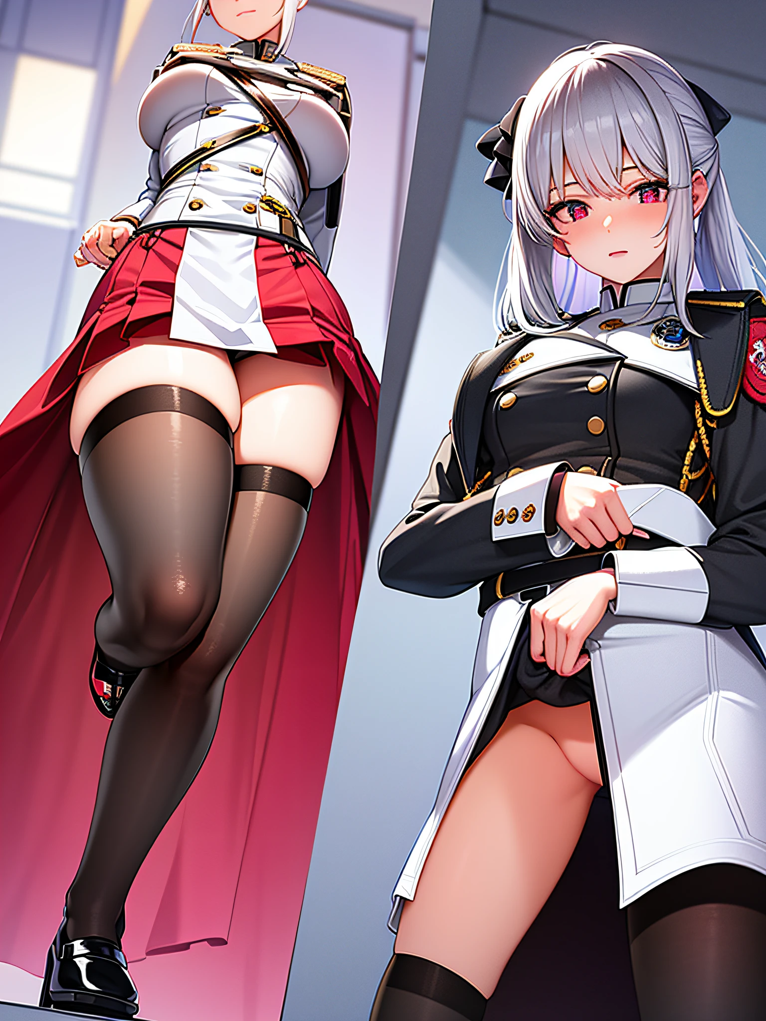(hindquarters), (Sexy girl nipple), tmasterpiece, best qualtiy, 1girl, By bangs, Be red in the face, A detailed,Best shadow,ultra-realistic realism,short detailed hair,Silvery-white hair,red pupils,The upper body is a red and white uniform,The lower body is an ultra-short white skirt,black lence stockings,Small black leather shoes,Very cute beautiful girl,Look up,preparing to fight,tmasterpiece,8K,best qualtiy