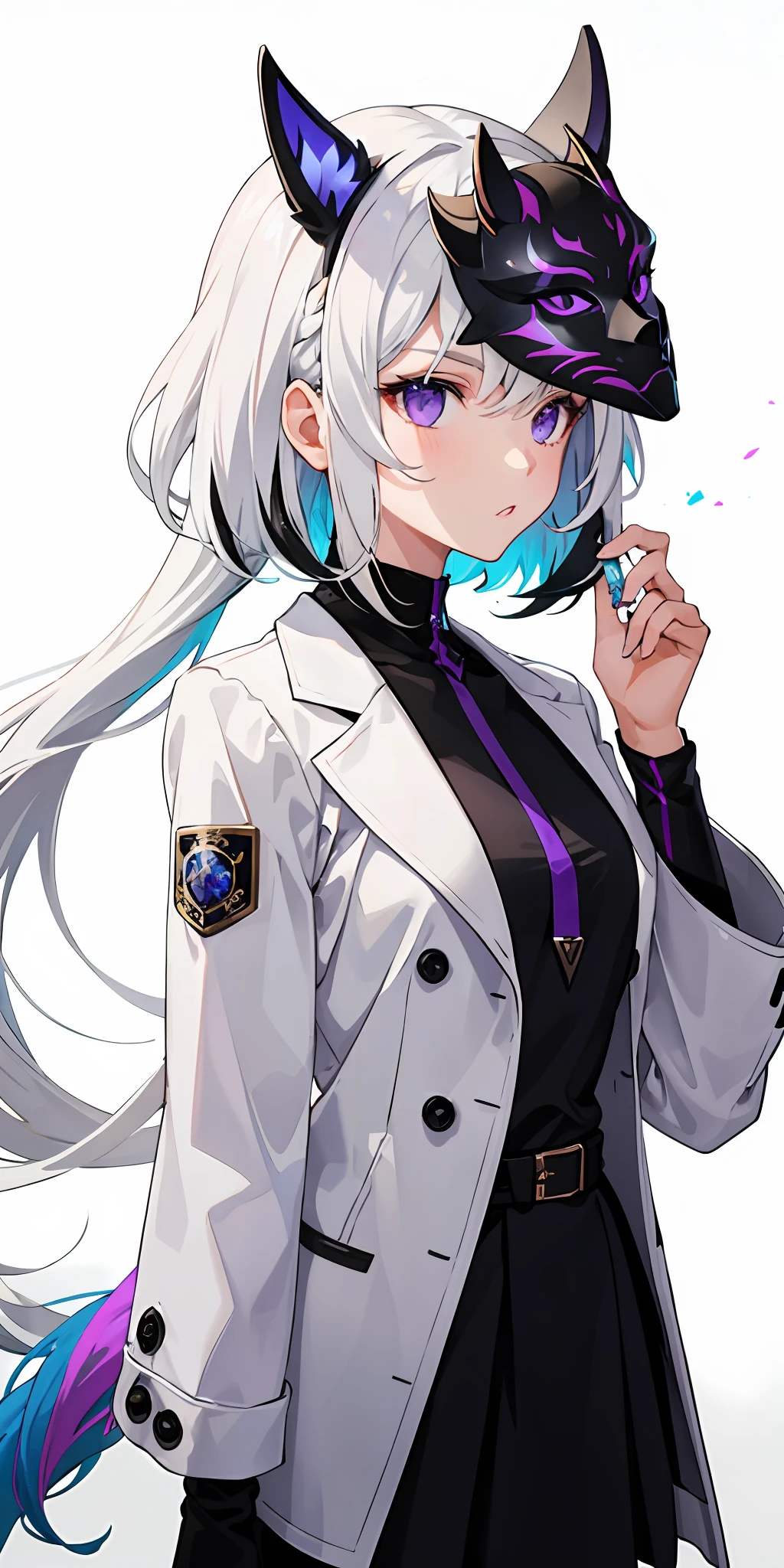 1 girl, white hair, multicolored hair, purple eyes, mask on the head, side lights, light particles,