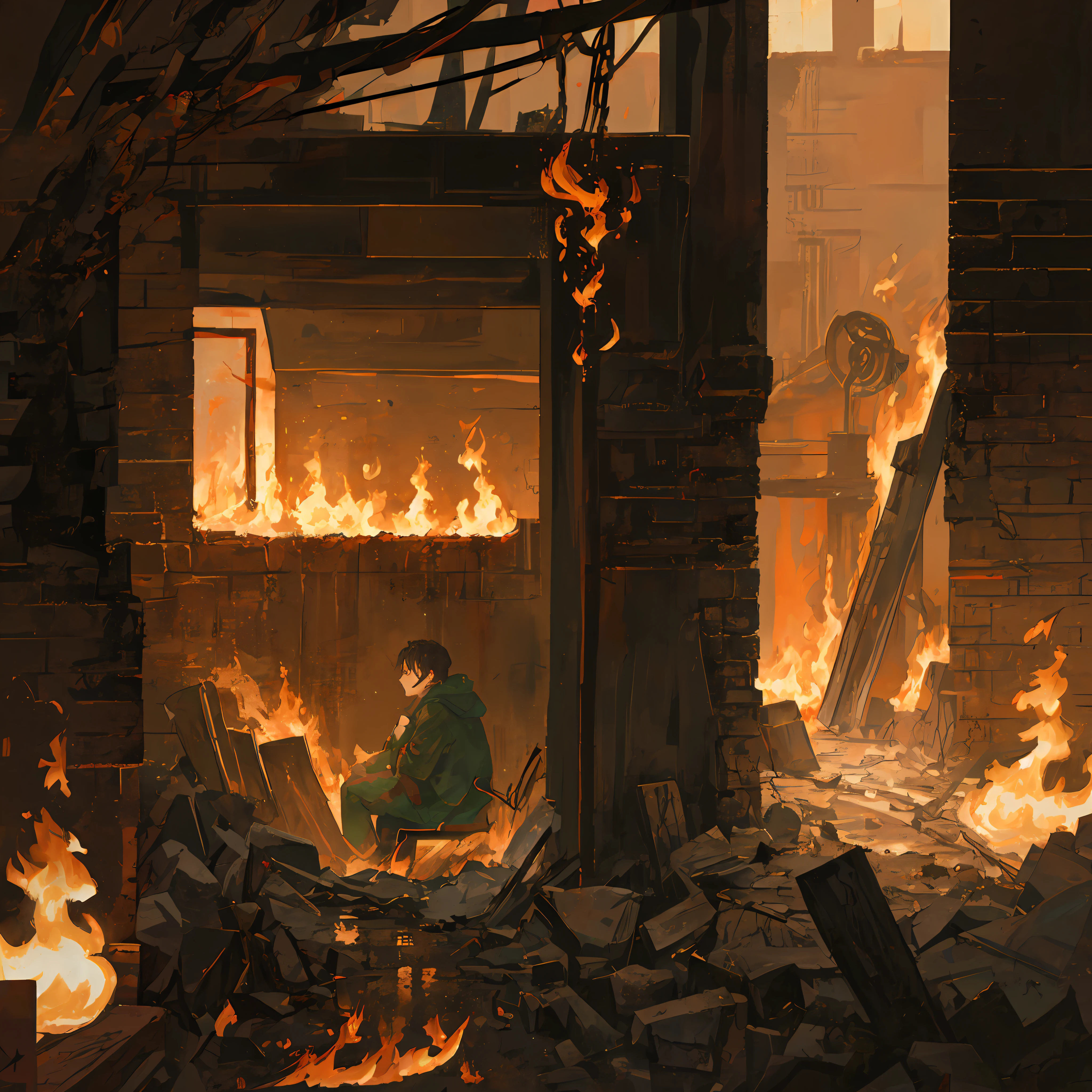 Armageddon、Gray and dark style、Dilapidated modern metropolis、Flames and smoke rose everywhere、quadratic element、Remains Cliff、The ragged man sat on the ground against the broken wall，The whole reflects an atmosphere of despair