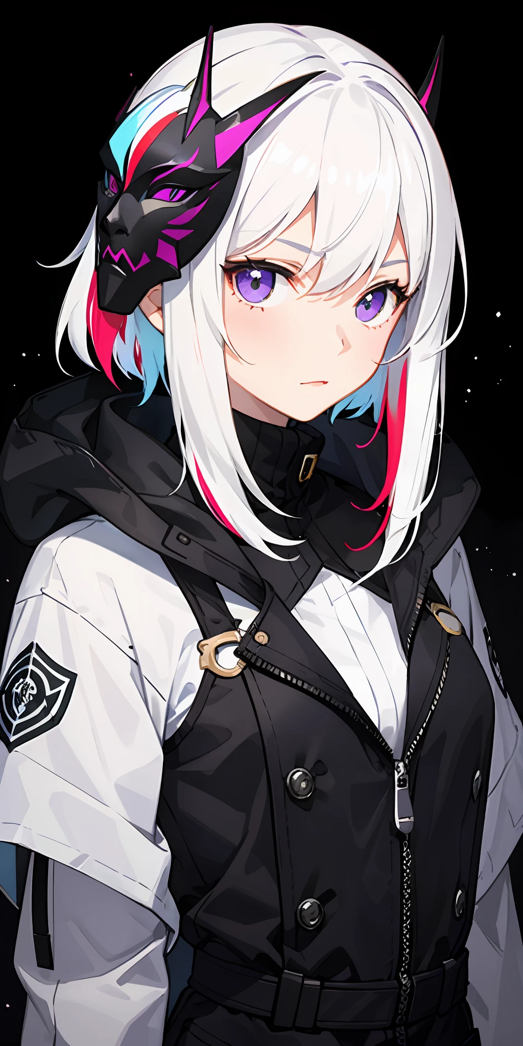 1 girl, white hair, multicolored hair, purple eyes, mask on the head, side lights, light particles,