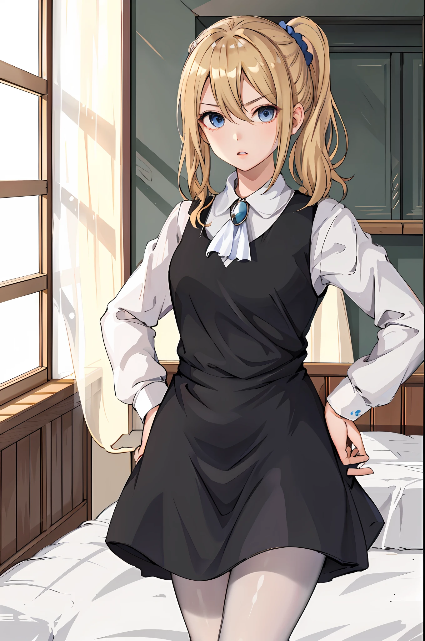 masuter piece, top-quality, Hi-Res, 1girl in, Ai Hayasaka, 独奏, blonde  hair, Maids, blue eyess, side poneyTail, hair scrunchie, hair adornments, Blue scrunchie,, pinafore, hair between eye, breastsout, long-sleeve, bangss, white  shirt, side locks, student clothes , Black pantyhose, cowboy  shot, put hands on the hip, Angry, a room, a bed, is standing,