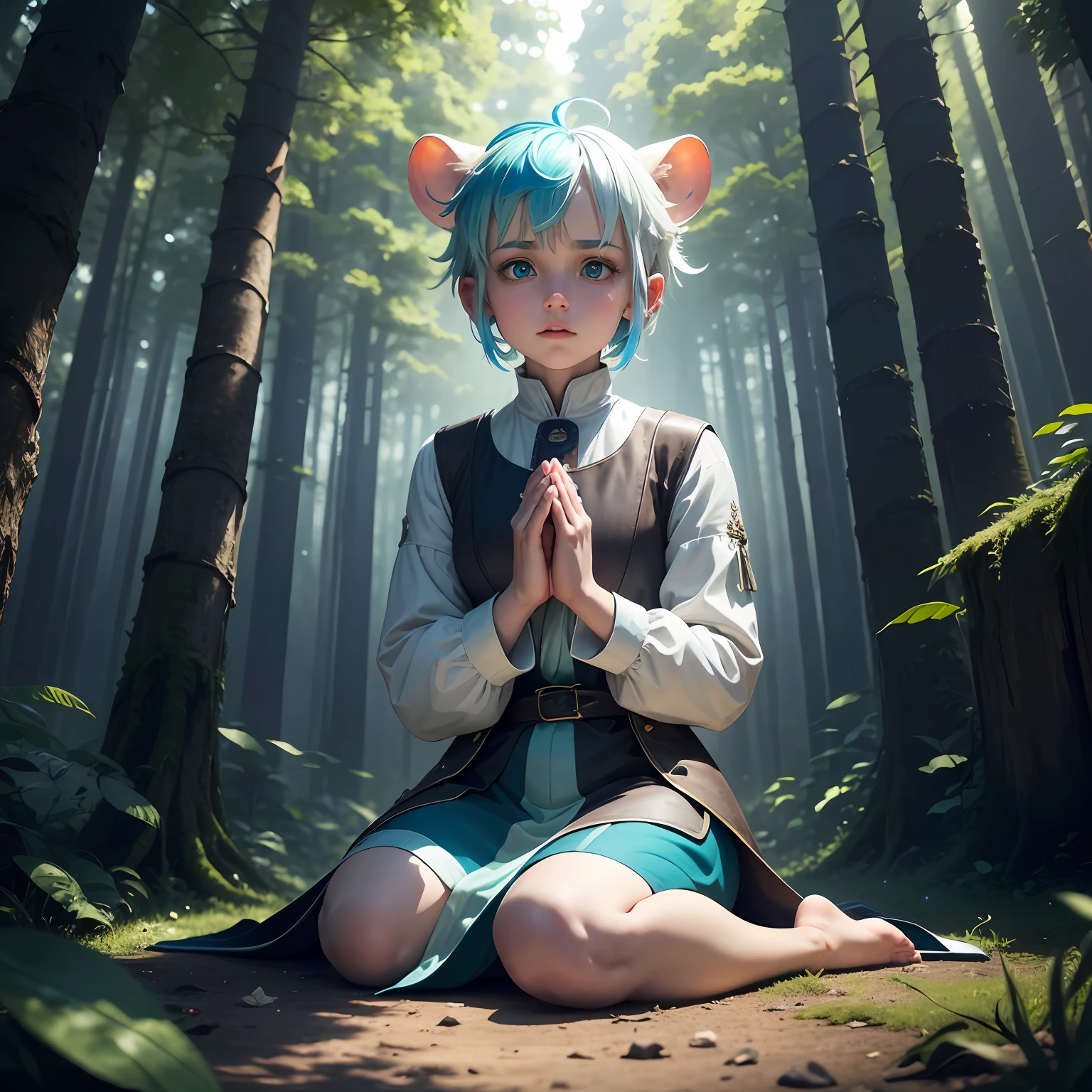 White rat Superb high quality Head up Blue pupils Hands folded Prayer Mysterious and solemn In the green forest Blue sky striped hair, multicolored hair, Cubist futurism, Cinematic lighting, Dutch angle, Satellite image, High details --auto