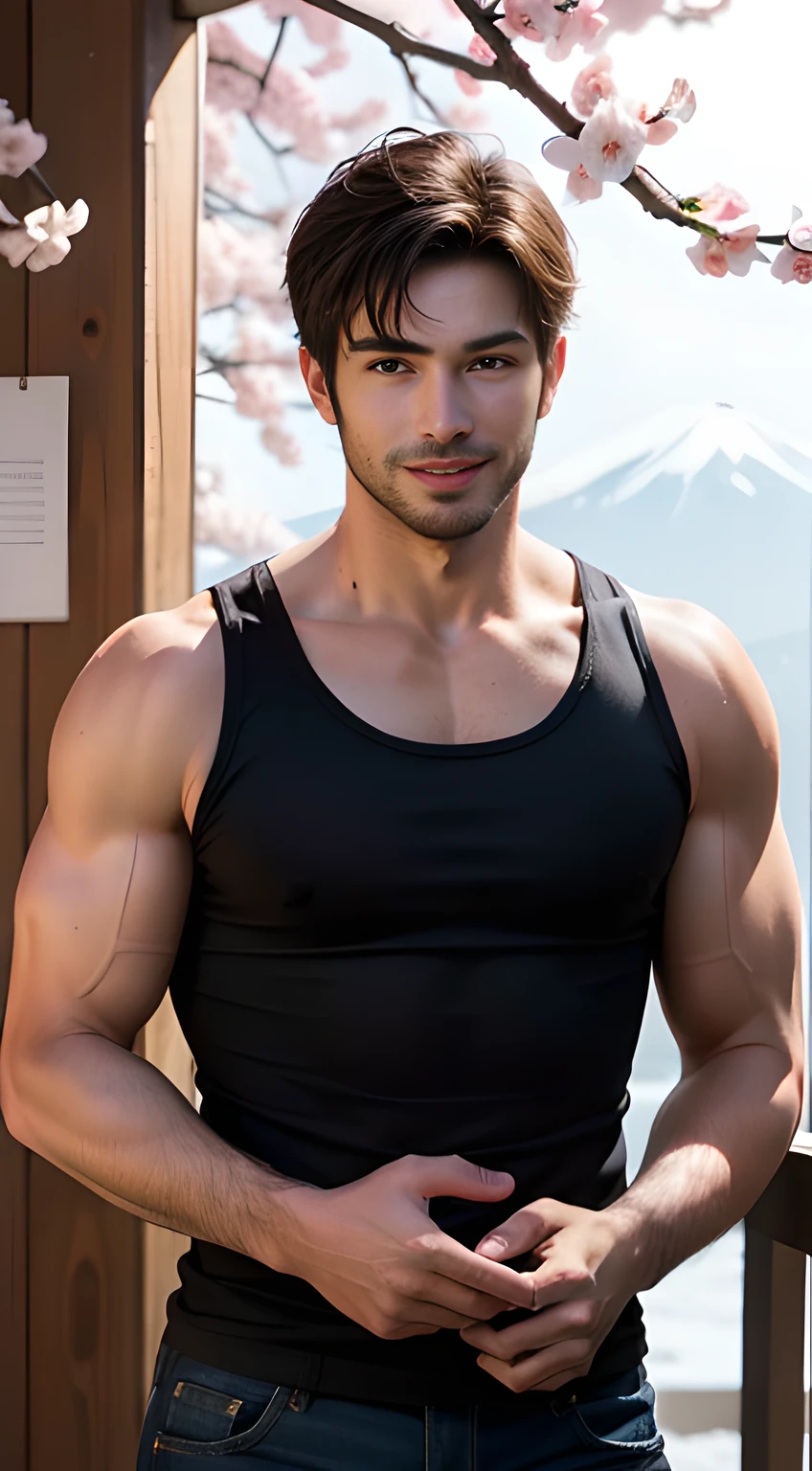 ((Men only)), (Cowboy Shot), (handsome muscular man in his 30's), he resembles Chris Redfield from Resident Evil. Wear a red tank top for men, (mont. Fuji), (a lot of cherry blossom, Snow in the background), Mischievous smile, (detaile: 1 in 1), Natural muscles, HIG quality, beautidful eyes, (Detailed face and eyes), (Face、: 1 / 2), Noise, Real Photographics、... ....................................................PSD, Sharp Focus, High resolution 8K, realisitic & Professional Photography, 8K UHD, Soft lighting, High quality, Film grain, FujifilmXT3