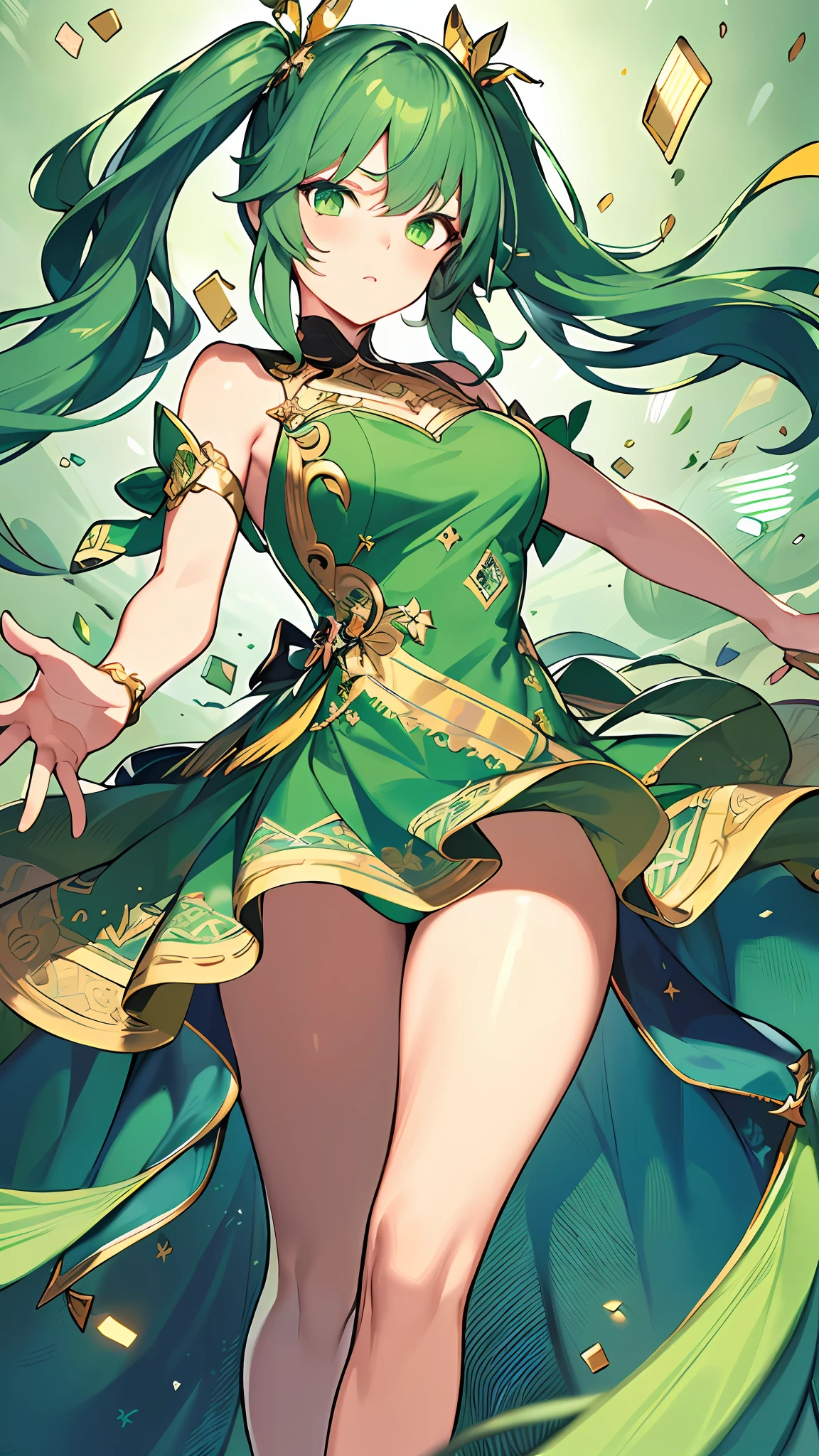 (((masterpiece))),(((bestquality))),((ultra-detailed)),(illustration),((anextremelydelicateandbeautiful)),dynamicangle,floating,(beautifuldetailedeyes),(detailedlight) (1girl), solo, floating_hair,glowingeyes,green hair,greeneyes, twintails, halterdress, atdan, green background,