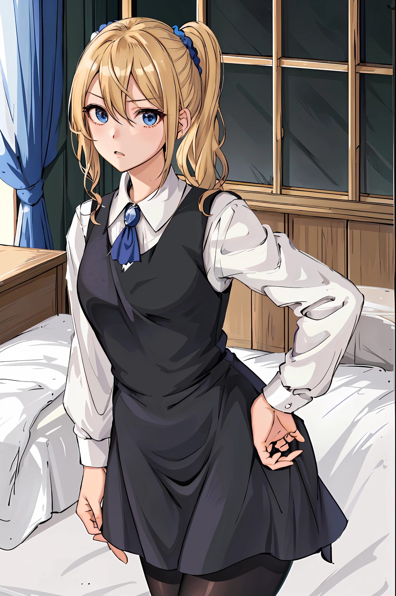 masuter piece, top-quality, Hi-Res, 1girl in, Ai Hayasaka, 独奏, blonde  hair, Maids, blue eyess, side poneyTail, hair scrunchie, hair adornments, Blue scrunchie,, pinafore, hair between eye, breastsout, long-sleeve, bangss, white  shirt, side locks, student clothes , Black pantyhose, cowboy  shot, put hands on the hip, Angry, a room, a bed, is standing,