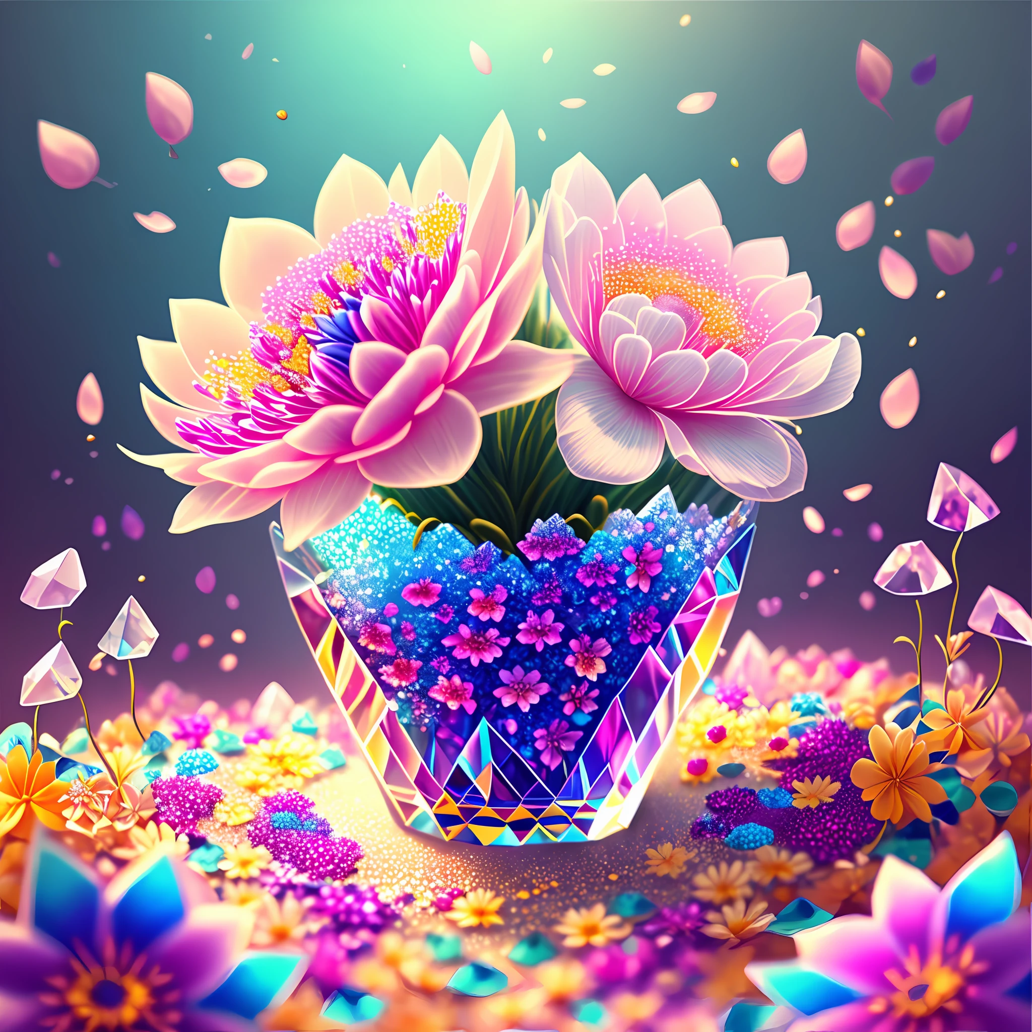 an flowers，Crystal flowers，Lots of colors，cleanness，The petals are layered，Crystal flowers，crystal blossom flower，delicated，depth of fields，glittery，fanciful，cleanness，16k，Brilliant and colorful，Colorful，There are no characters，Don't be characterized --auto