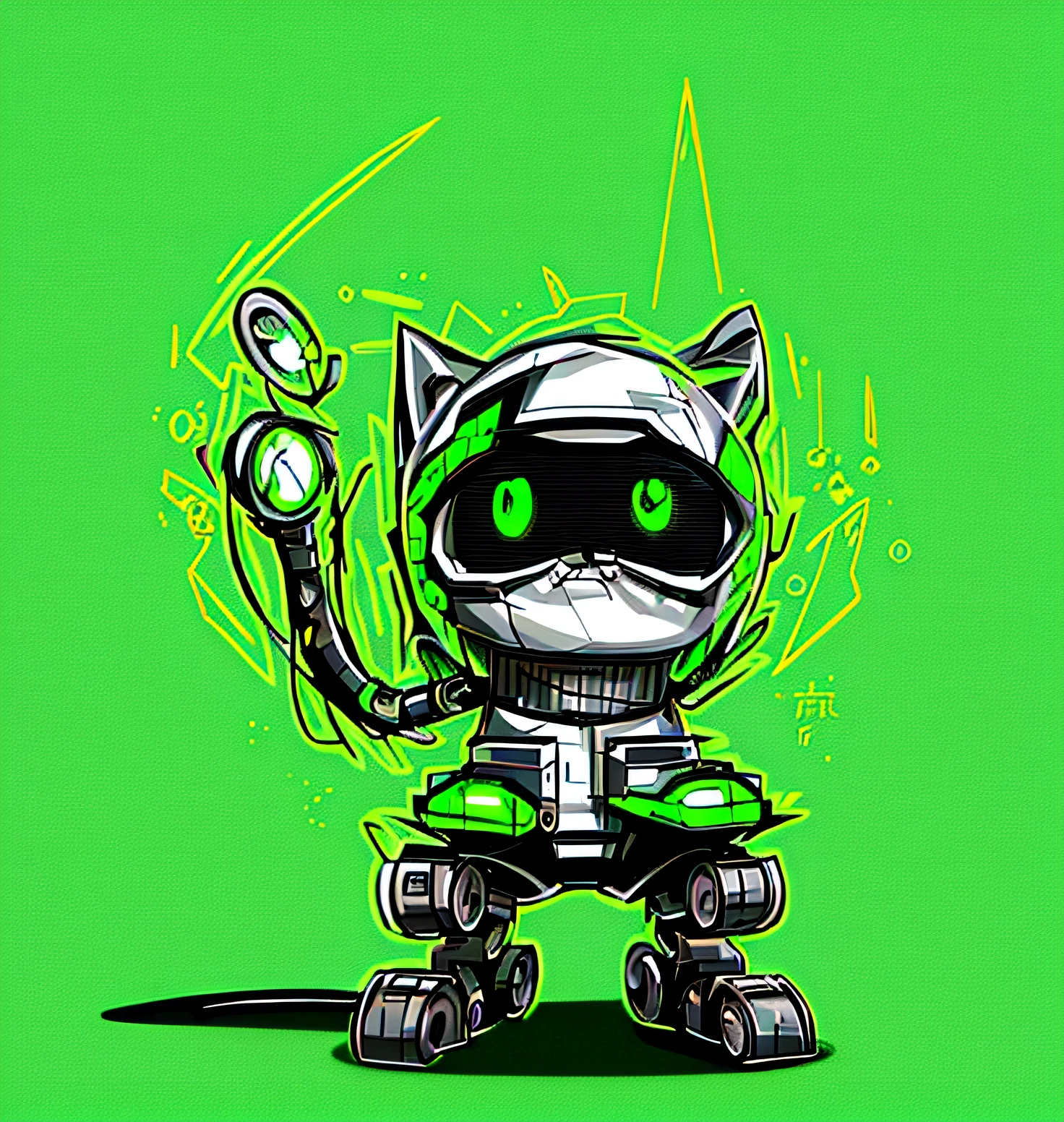 Draw a cat with green eyes and tail, robotic cat, cat robot, hero 2 d fanart artsation, cyborg kitten, Fully robotic!! cat, Cute robot, anthropomorphic cat ninja, colored sketch, Very cute robot Zen, robotic cat, high quality colorful sketch, a cyborg cat, Cybercat, advanced digital chibi art