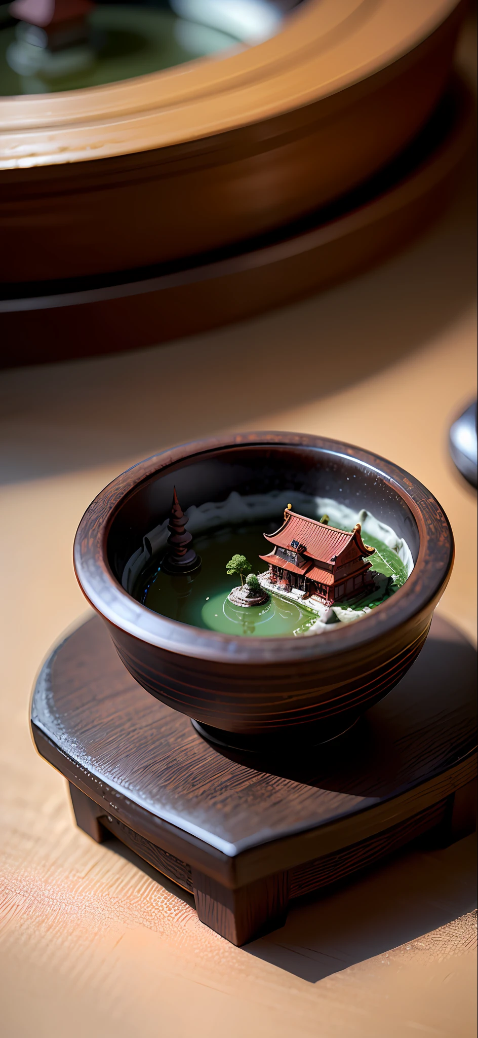 mini\(ttp\), (8k, RAW photo, best quality, tmasterpiece:1.2), (realistic:1.37), (chinese temple), miniature, landscape, (isometric), glass tank,in bowl, (8k, Best image quality,tmasterpiece:1.2),(photorealestic,photographrealistic:1.37),ultra - detailed,Lovely building,