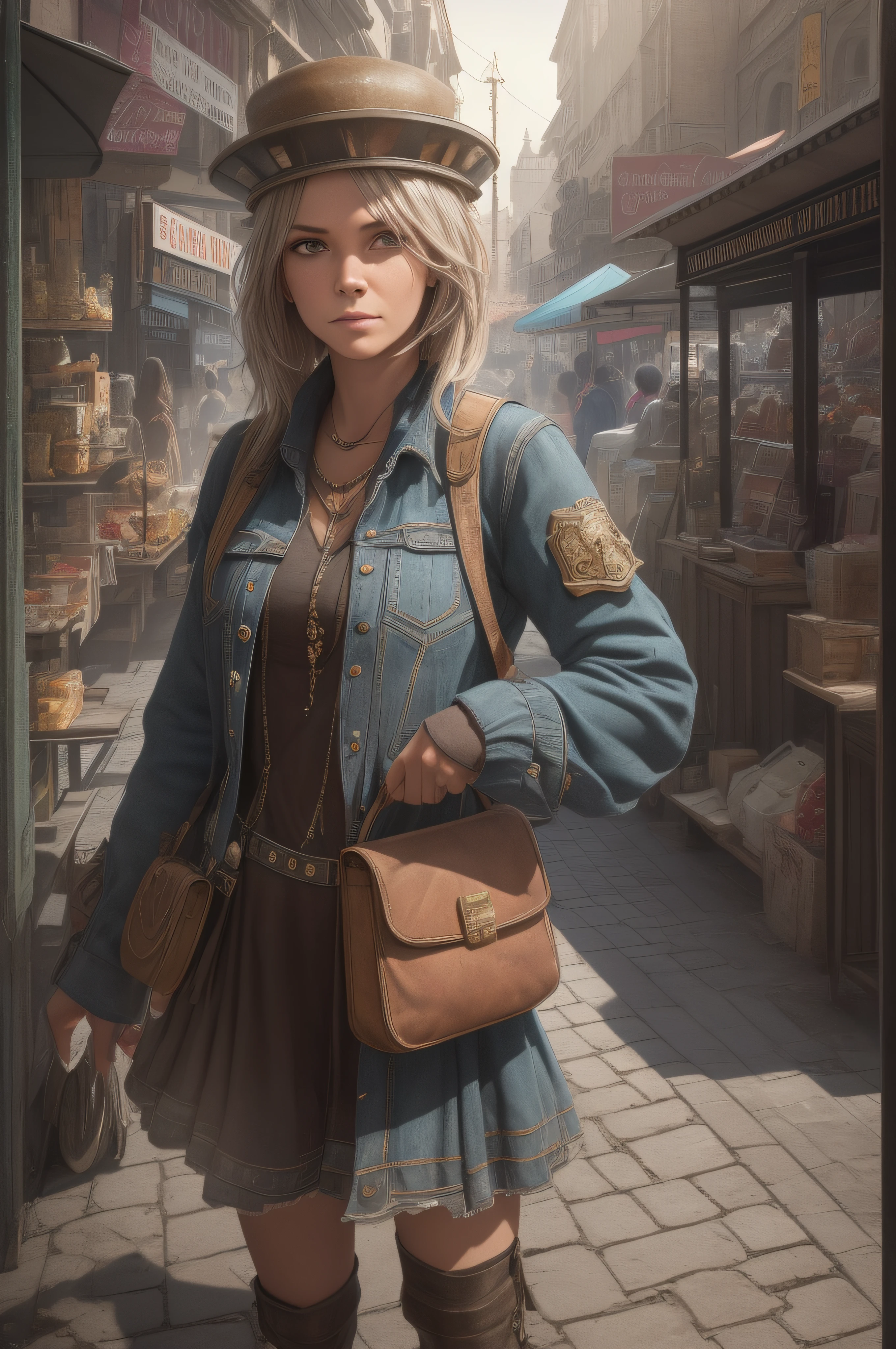 A tale of the future or of the past? A beautiful close-up ☺️👩🏼portrait of a jolly, young, street vendor desperately trying to sell their goods to any passers-by, "Look me in the eye and you will buy", fancy hats protect (those that can afford them) from the relentless heat of the Sun, friendship blossom in this diverse environment, a bustling dystopian marketplace, Steam Punk influence. Colourful displays adorn the stalls. The early morning Sun casts long shadows across the dewy cobbles and extend to the remaining walls of a once great city, a dramatic and intense setting. cool, muted colours, depicted with harsh, jagged strokes, conveying an industrial punk nature. The mood of the image is one of calm, hyper realistic, octane render:unreal-engine, cine-still 800 tungsten, photo realistic, RAW photo, high quality, high-res, sharp focus, extremely detailed, (((cinematic lighting))), 8k UHD