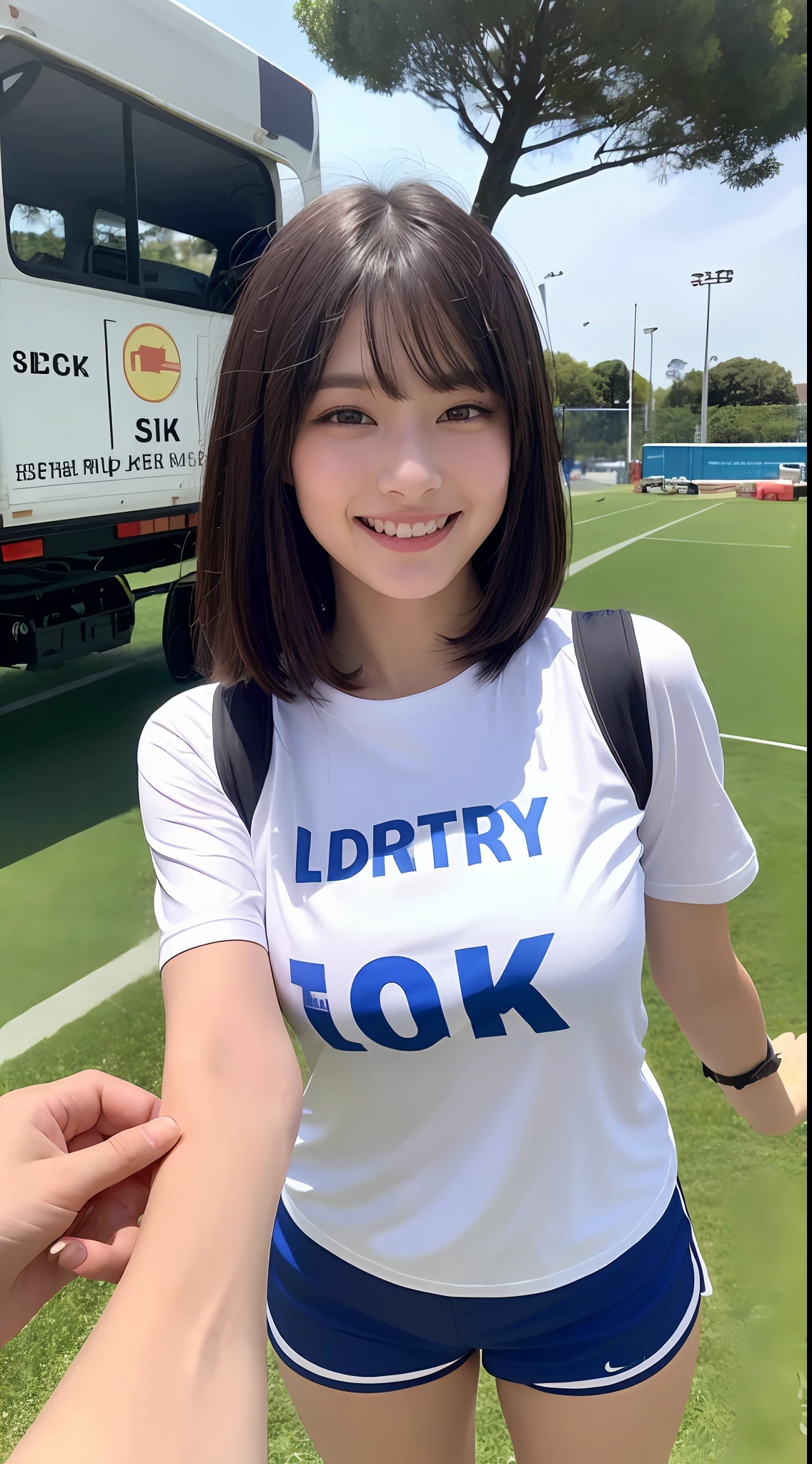 One woman and one short boy, a woman in a shiny truck costume is grabbed by the boy next to her with both hands (beautiful college girl in truck costume, best quality, high definition, 8k, 1 girl, outside the athletics stadium, 1 girl, shiny track costume (satin track costume: 1.4, light blue: 1.5) (black hair, short hair, big: 1.4), (upper body: 1.2), Watch the viewer and smile), outside, boy grabbing the breasts of a woman in truck costume with both hands (T-shirt, shorts, grabbing a woman's breasts with both hands)