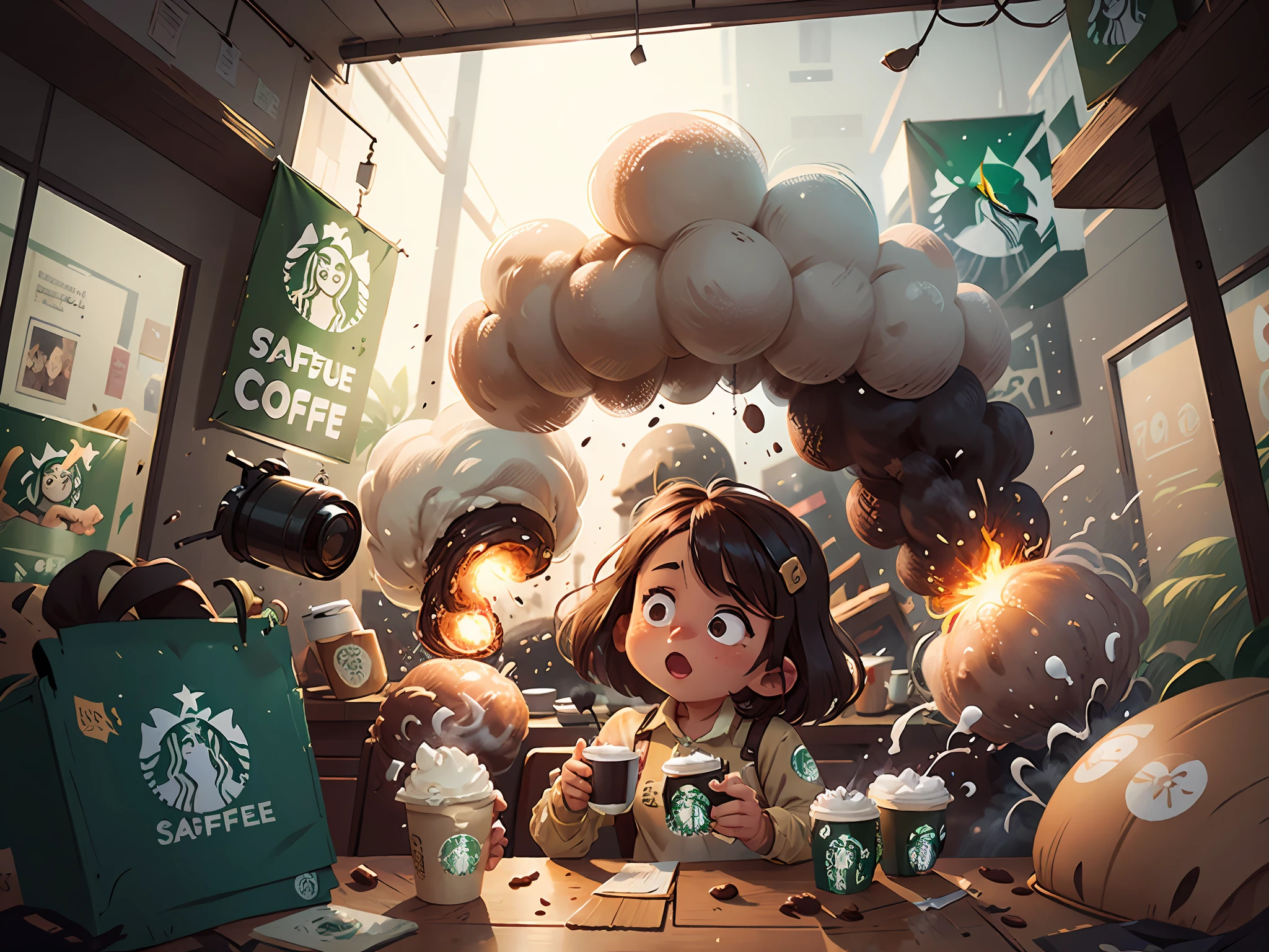 "coffee explosion in a Starbucks, captured on a Kodak film"