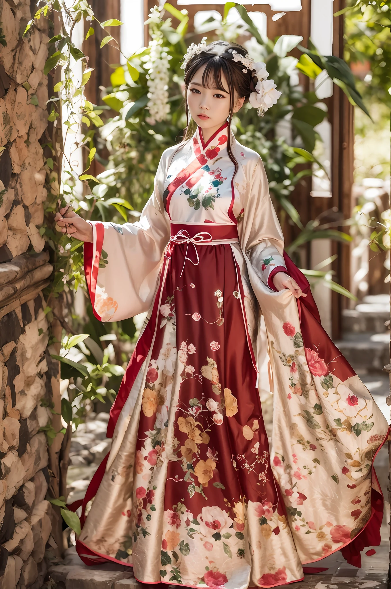 An Arapei woman dressed in traditional Chinese dress stands in front of the door, Hanfu, White Hanfu, Palace , A girl in Hanfu, Traditional Chinese clothing, Beautiful image, Wearing ancient Chinese clothes, Chinese costume, with acient chinese clothes, Chinese traditional, Chinese dress, Cheongsam, Princesa chinesa antiga, Traditional beauty, China Princess, Traditional clothing