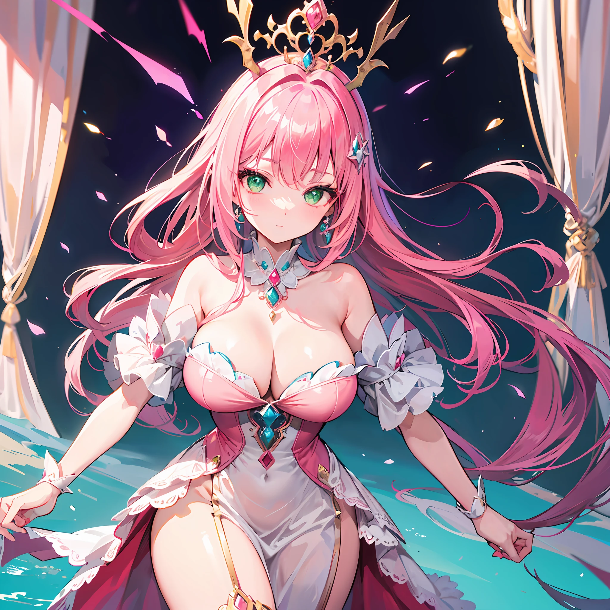 "A stunning princess (Large breasts), adorned in (Pink princess dress) and a beautiful (head gear). Her hair is vibrant in shades (Pink), Offset by her (Green eyes). captivating and mesmerizing, She exudes an aura of palatial beauty,It will definitely leave a lasting impression, Palace"