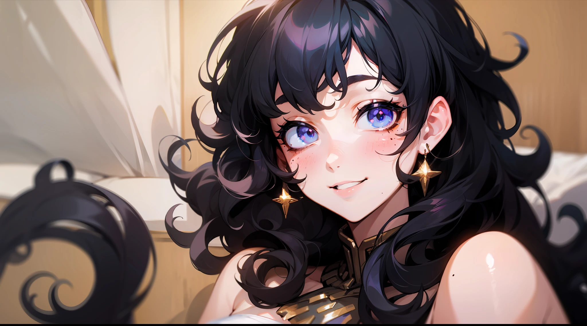 Black hair, Curly hair, Moles under eyes, ssmile,tmasterpiece,8k,an Quority