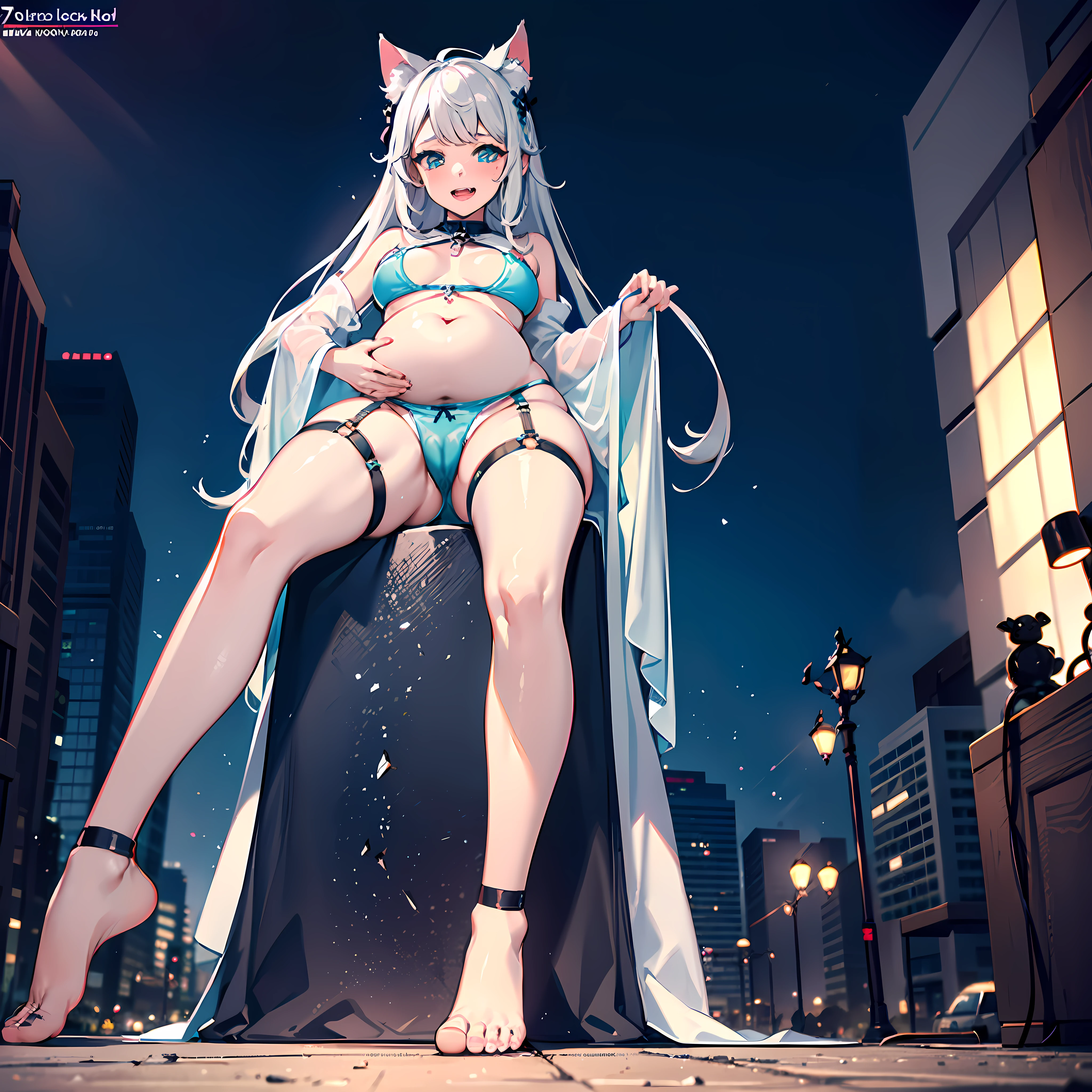 7 years old beautiful little girl  face bad smile long hair to waist white hair cat ear hair card latex exposed underwear big breasts sitting on the ground legs facing front soles Jade feet bondage bare feet pregnant soaked body bare skin 80% Nipple piercing Heavy SM high quality work