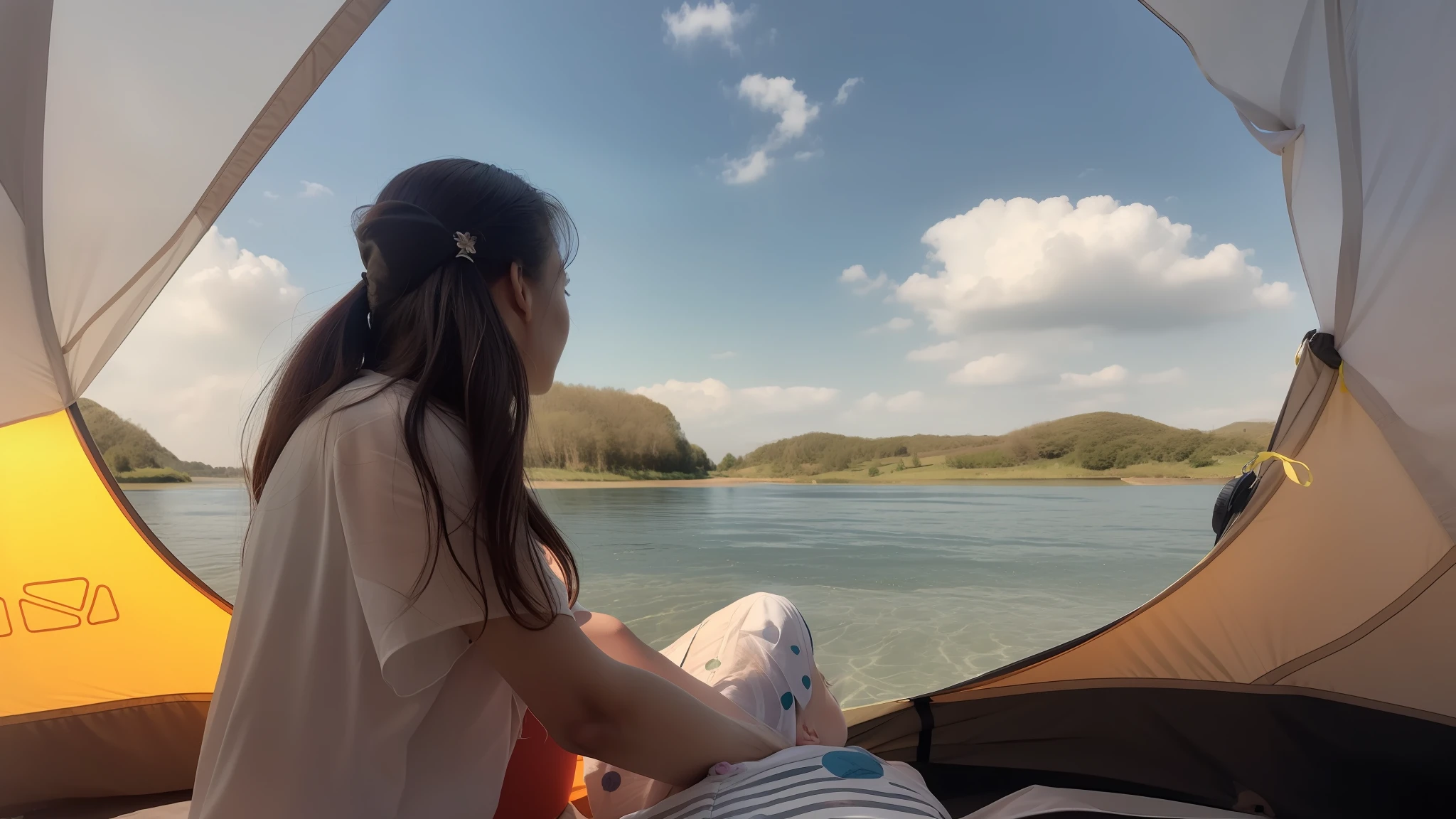 There was a girl in white sitting in a tent looking at the water, sentado em frente a um lago, sittinng on the river, chill time. Good view, gazing at the water, panoramic view of girl, perto de um lago, dreaming about a faraway place, Lake in the background, beautiful tranquil day, gulper eel, near a river, beside a river --auto