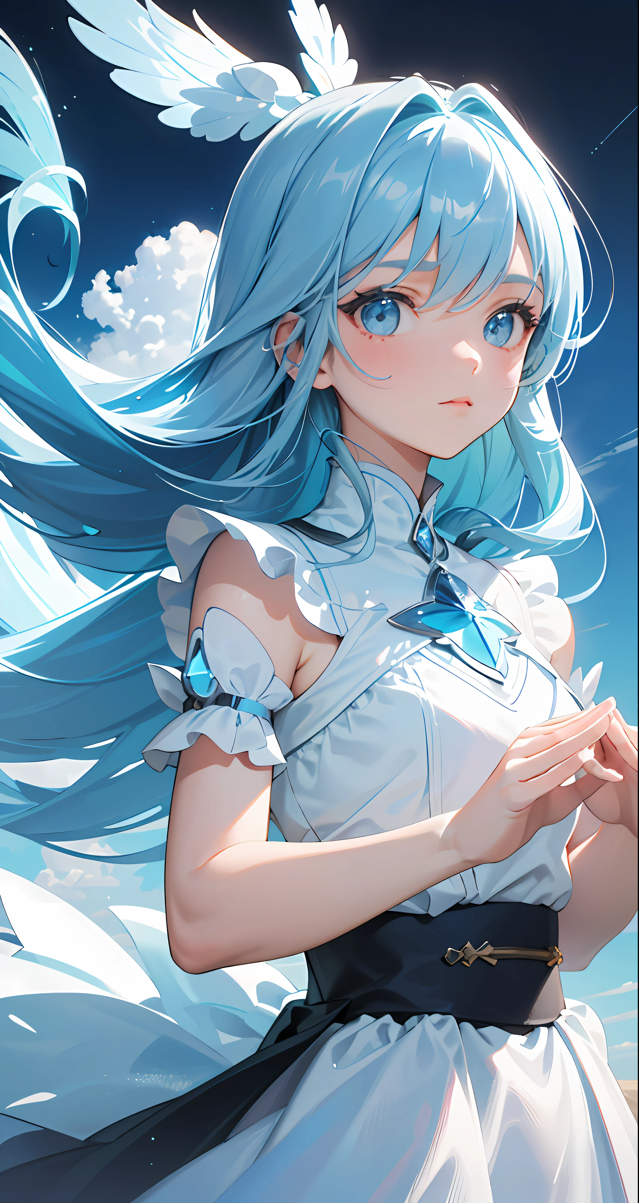 (8K, RAW photos, Top quality, Highly detailed CG unity 8K wallpaper, Masterpiece: 1.2), Girl, light blue beautiful hair, Floating in the sky, Cloud Girl, Clouds, (Close-up: 1.1), Bright, Happy, fun, Soft lighting, (bauhause, Shape, Line, abstracted: 1.1) Cornflower, small and beautiful girl with detailed eyes, light blue beautiful hair, light blue monochromatic dress, Upper body, The depth of field in the photo was perfect, and the lens flare added a nice touch. The fine features of his face really stood out, and the score in this photo was definitely over 10. in the background, there were clouds, A stunning picture，Really captured the beauty and clouds of the girl. , accurate depiction of the iris, Look lovingly at the audience，Like a gentle goddess,