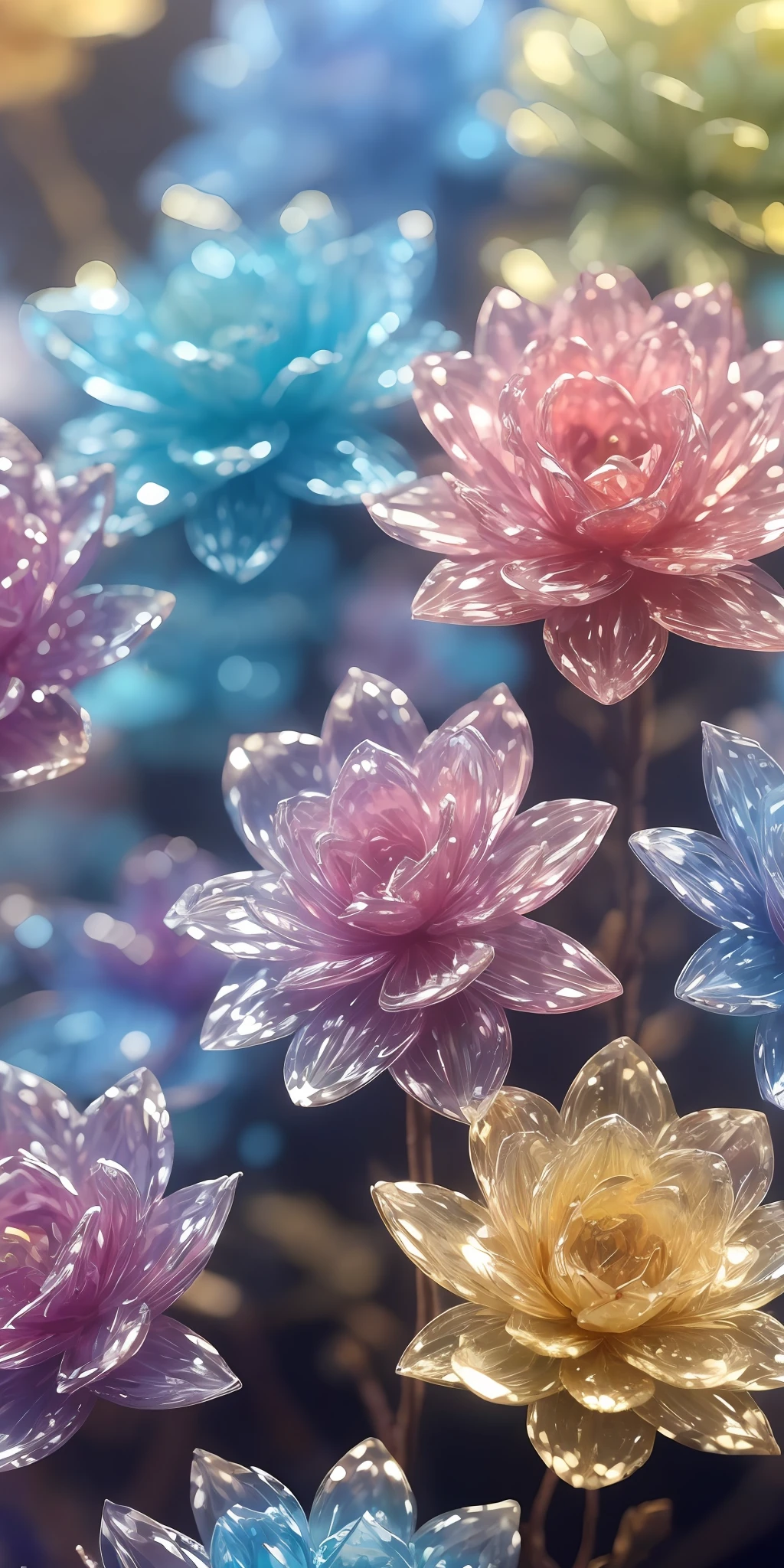 Crystal flowers，Flowers from crystals，delicated，depth of fields，glittery，fanciful，cleanness，16k，Brilliant and colorful，Colorful，There are no characters，Don't be characterized --auto