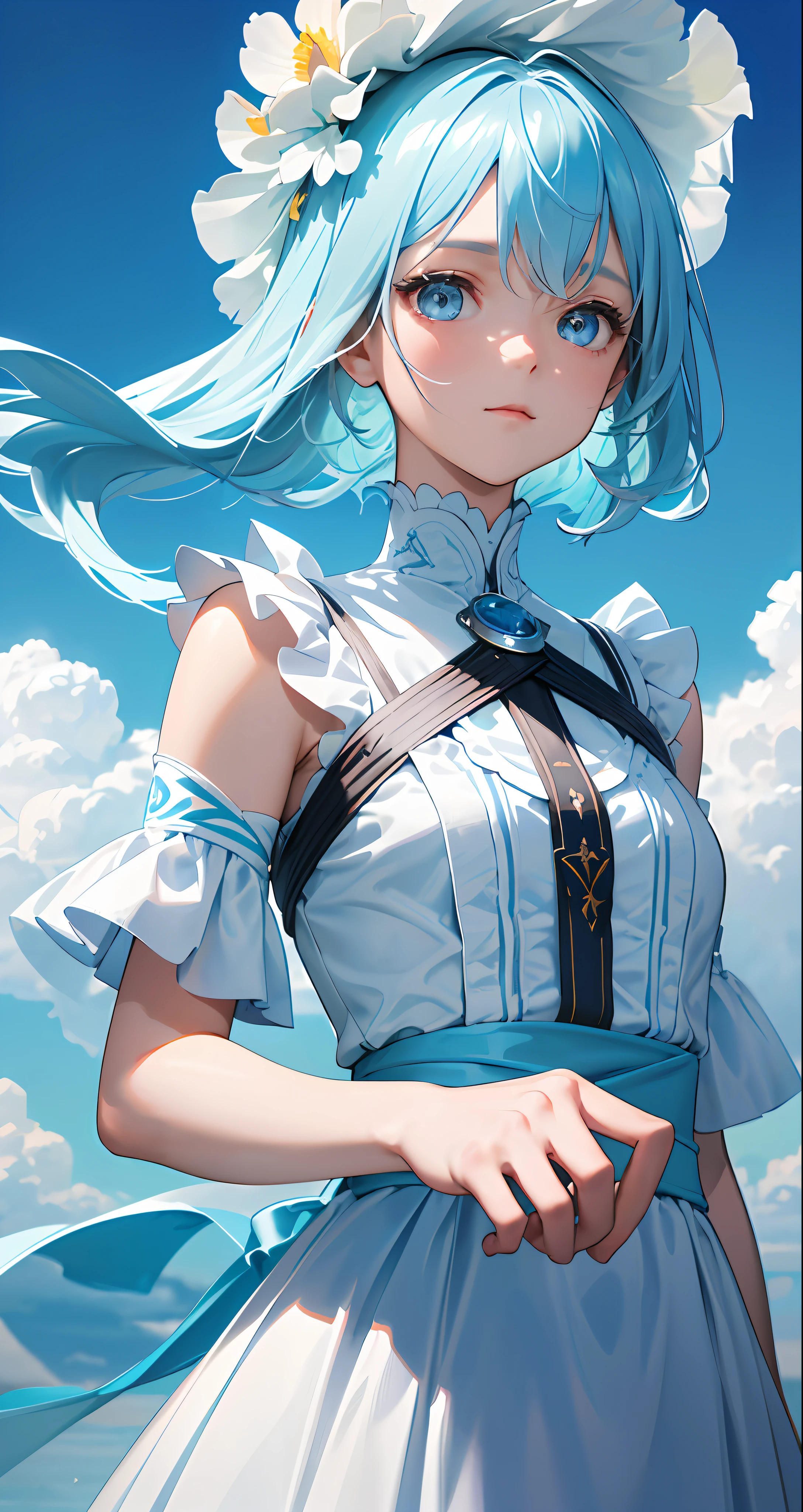 (8K, RAW photos, Top quality, Highly detailed CG unity 8K wallpaper, Masterpiece: 1.2), Girl, light blue beautiful hair, Floating in the sky, Cloud Girl, Clouds, (Close-up: 1.1), Bright, Happy, fun, Soft lighting, (bauhause, Shape, Line, abstracted: 1.1) Cornflower, small and beautiful girl with detailed eyes, light blue beautiful hair, light blue monochromatic dress, Upper body, The depth of field in the photo was perfect, and the lens flare added a nice touch. The fine features of his face really stood out, and the score in this photo was definitely over 10. in the background, there were clouds, A stunning picture,Really captured the beauty and clouds of the girl. , accurate depiction of the iris, Look lovingly at the audience,Like a gentle goddess,