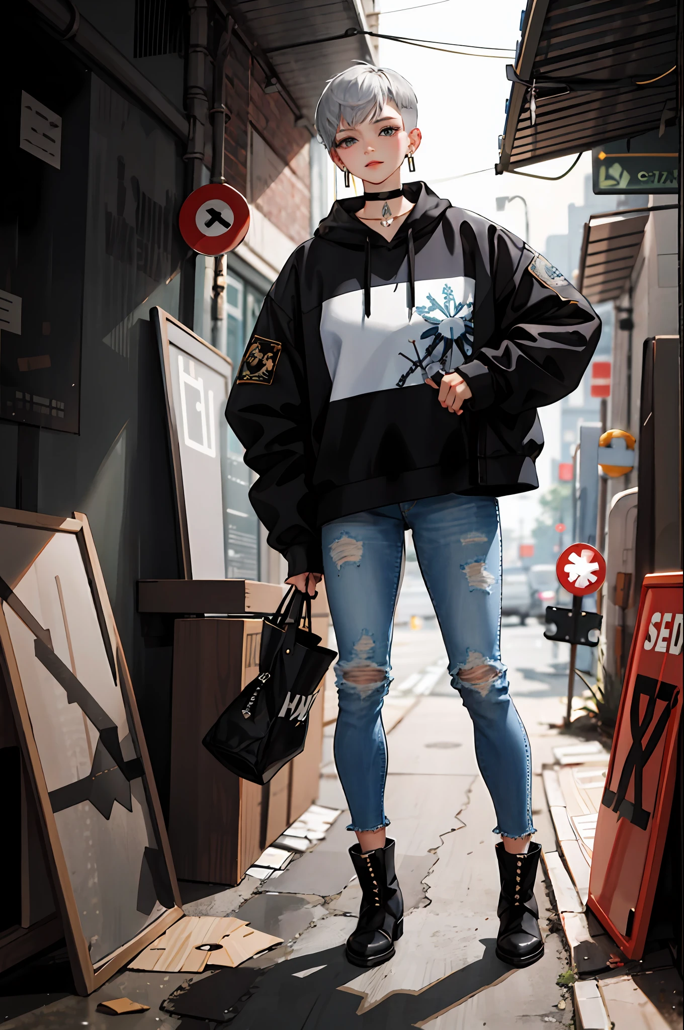 (masterpiece:1.2, best quality), (real picture, intricate details), solo, 1lady Hair: buzz cut, Clothing: oversized, distressed denim jacket with patches and pins, paired with black skinny jeans and combat boots, Accessories: silver hoop earrings and a black choker necklace, Hanging out in an underground music venue, full body