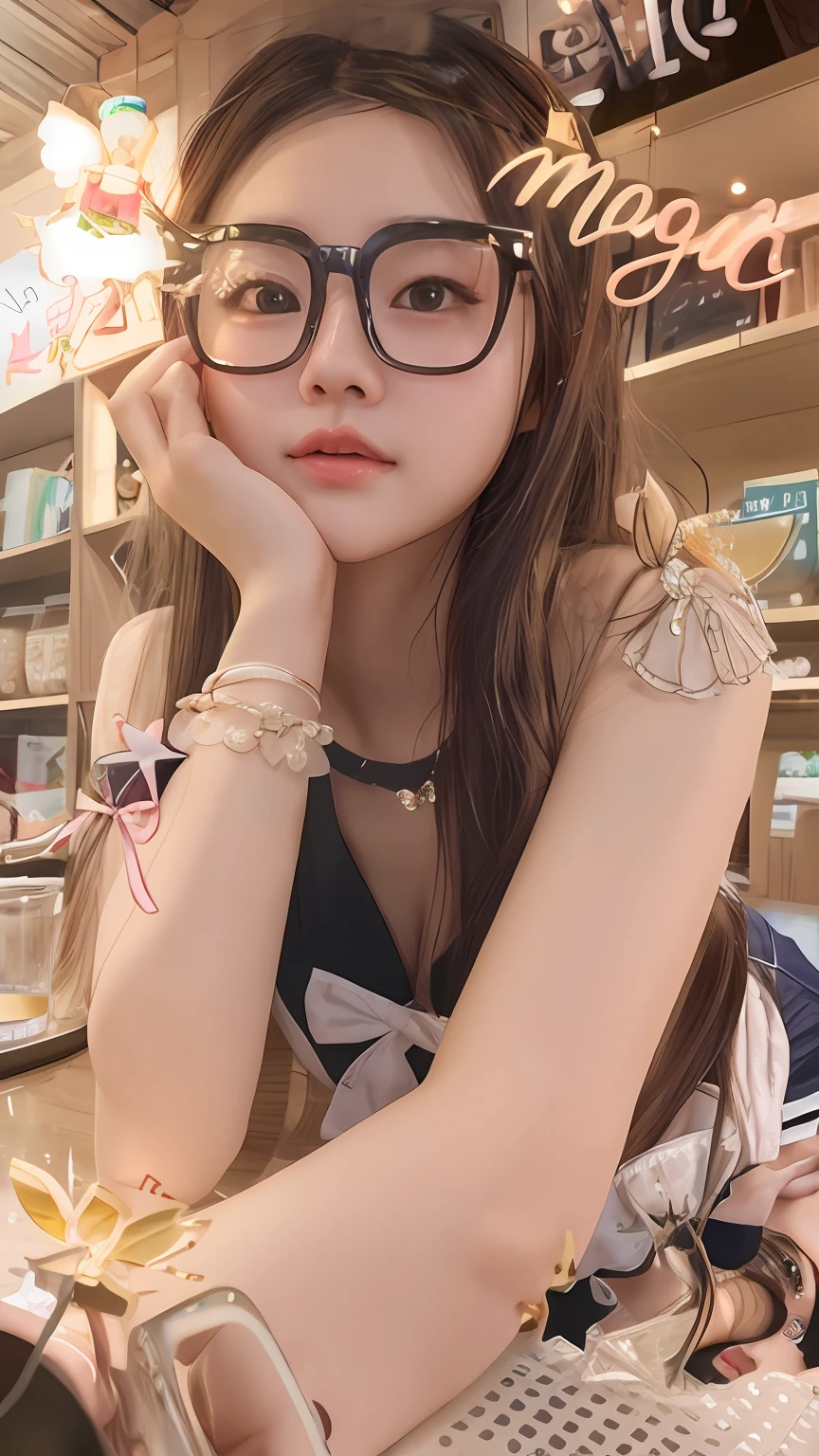 There was a girl with glasses sitting at a table drinking, belle delphine, fairy core, dang my linh, sakimichan, Anime Thai girl, Anime girl in real life, young and cute girl, wenfei ye, Realistic anime 3 D style, ruan jia beautiful!, Ruan cute vtuber, pale fair skin!!