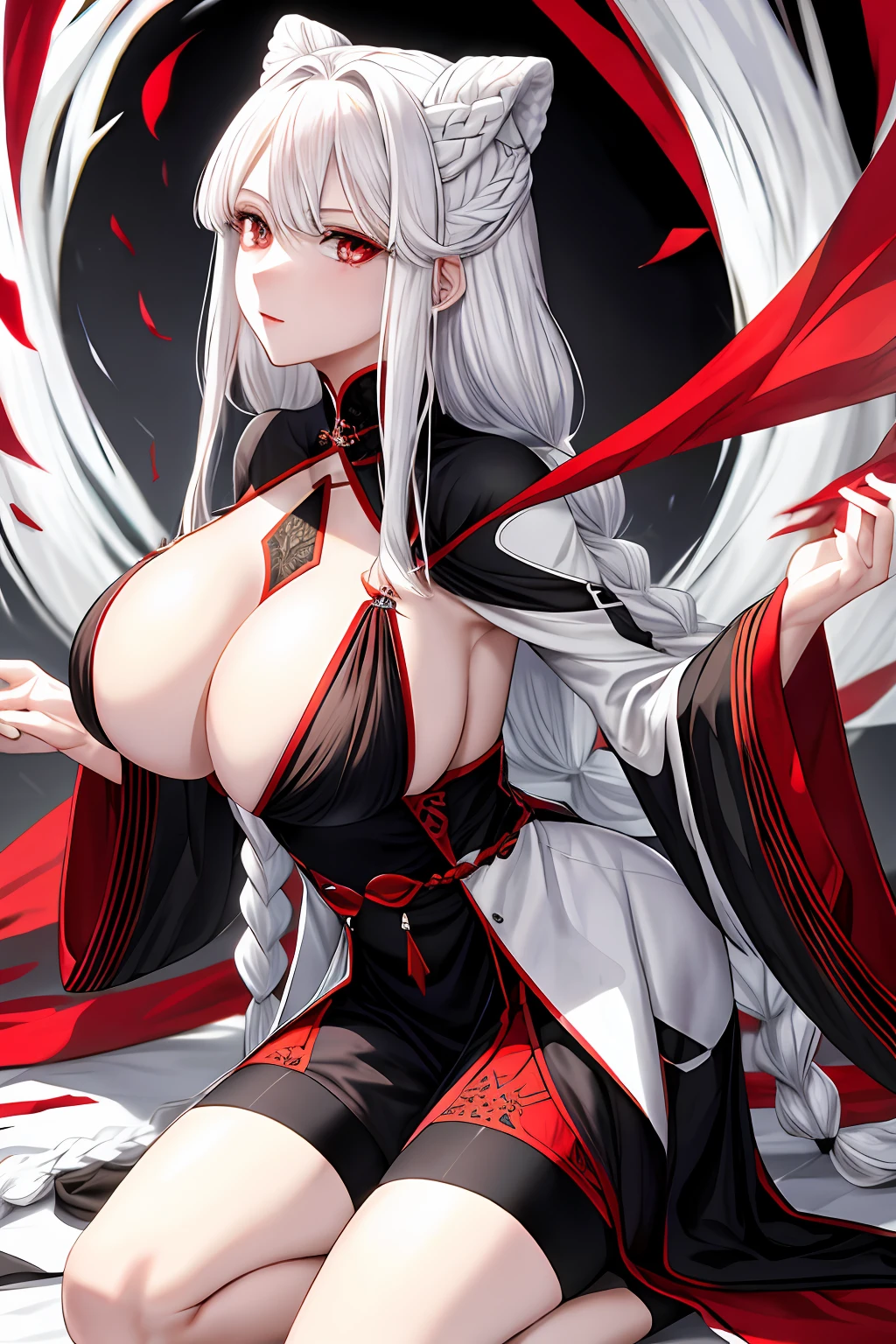 A white-haired beauty，unwear，Be red in the face，roll eyes，Kneeling，Hole black silk，long braid，huge tit