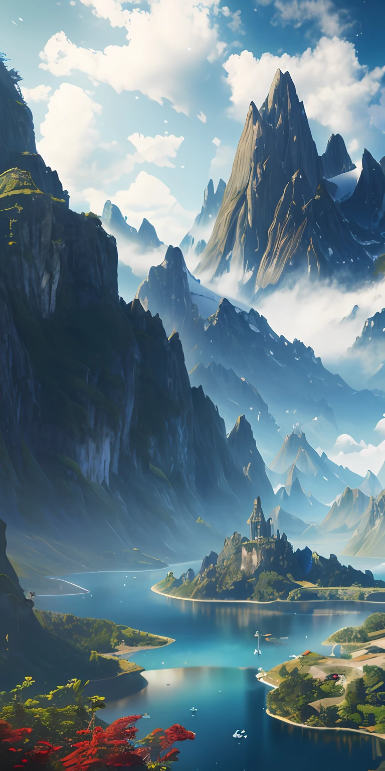 mega，polar region，snow mountains，Buildings in the mountains，There are some airships outside