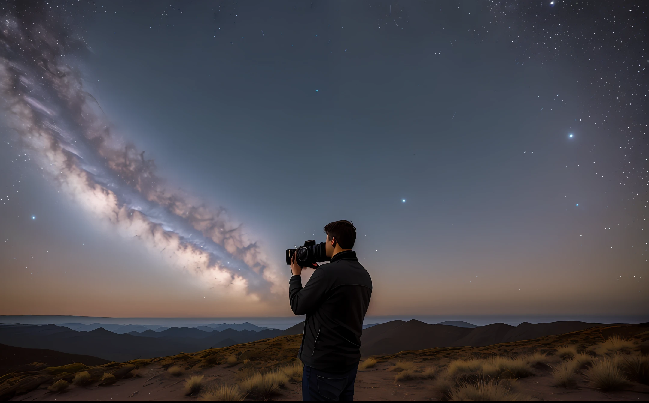 A man with a camera,Facing the vast galaxy
