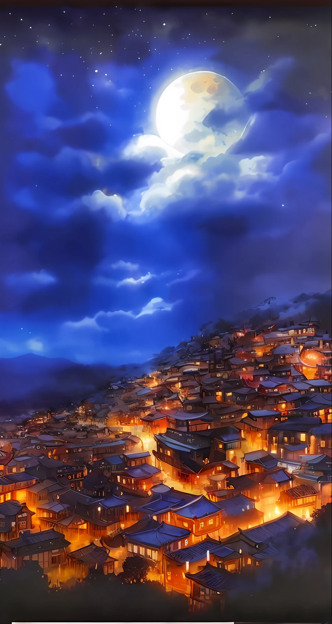 Night view of the city with full moon and full moon, dreamy Chinese towns, nightime village background, japanese city at night, genius, ethereal starlit city at sunset, japanese town, author:Wen Boren, traditional korean city, Chinese village, nighttime scene, Breathtaking, dreamland of chinese, town background, 4 0 9 6, heaven on earth