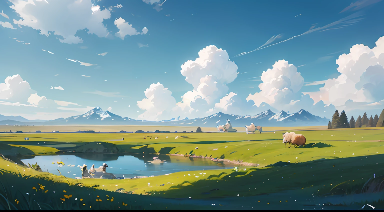 Summer, meadows, few small flowers, crystal clear lakes, sheep, heaven, big clouds, blue sky, hot weather, HD details, wet watermarks, hyper-detail, cinematic, surrealism, soft light, deep field focus bokeh, distant is snowy mountains, ray tracing and surrealism --auto