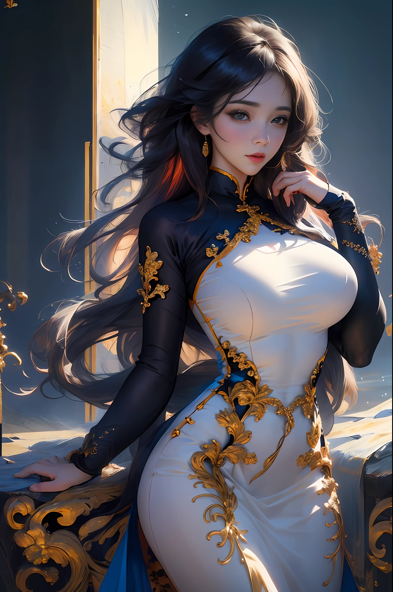 A beautiful girl, 22 years old, sexy theme, perfect face shape, oversize model, mature woman, tall long legs, (((super huge breasts))), (((glazed pupils))), long messy hair, happy, hand details, finger details, beautiful anime Huaifu style girl, super detailed painting, luminescism, art concept art by Kahn Griffith and Vadim Kashin, abstract beauty, standing, close to perfection, pure form, golden ratio, concept art, by Brian Froud, Carne Griffiths, Wadim Kashin and John William Waterhouse, intricate detail, 16k post-production, high resolution, hyperdetail, Artstation trend, sharp focus, studio photos, intricate detail, high detail,She wears the traditional Vietnamese dress ao dai , ao dai Vietnamese,She has big breasts, saggy breasts,She has beautiful big round eyes ,Double eyelid