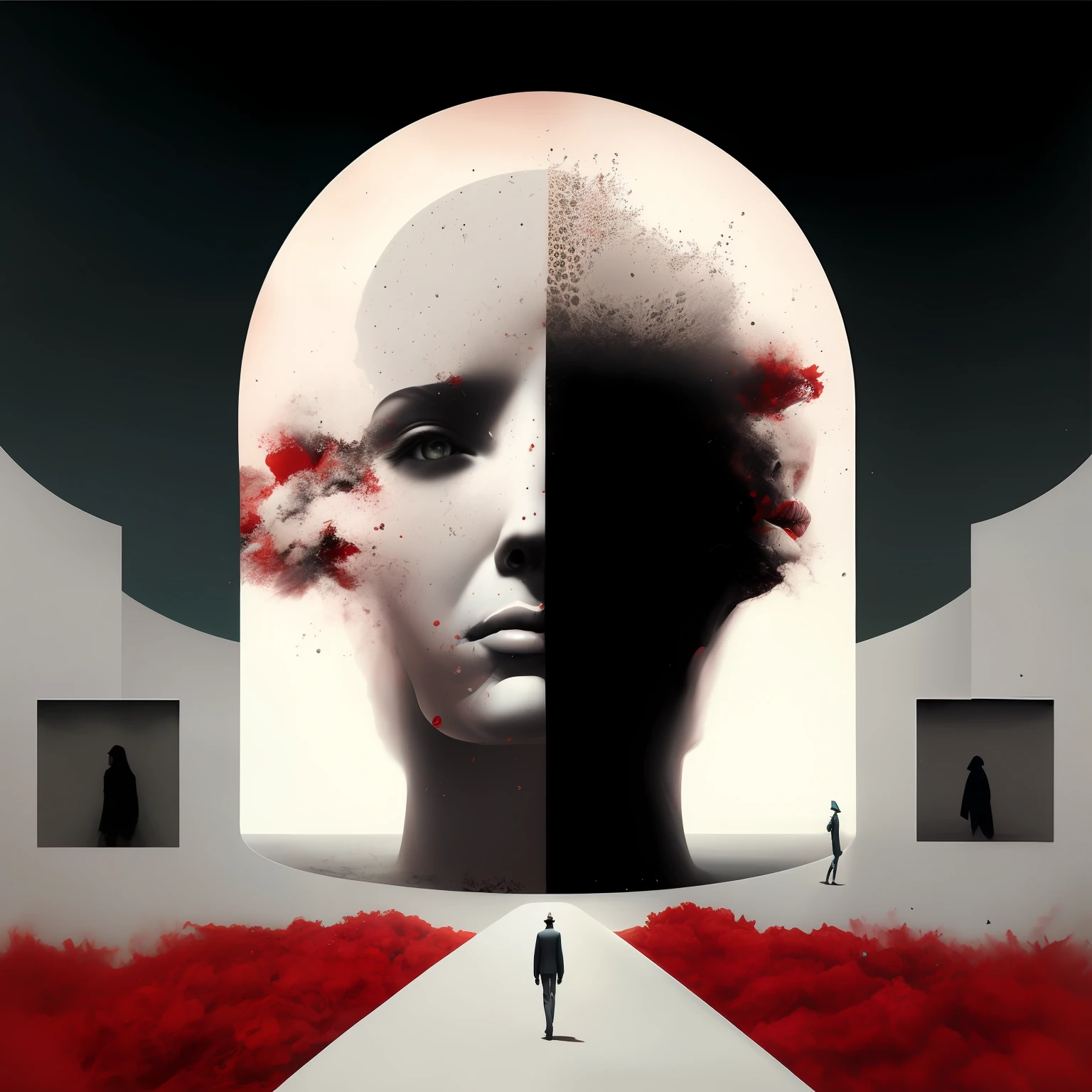 Hay un hombre caminando por un sendero con una cabeza gigante, Yuri Shwedoff y Tom Bagshaw, Surrealist illustration, symmetrical portrait scifi, Surrealist composition, Retrato surrealista, escena surrealista, Beksisnski, por Kurt Roesch, Neosurrealismo. Arte digital, Arte surrealista emocional, Surrealismo abstracto, Artstyle Tom Bagshaw, Arte Tom Bagshaw --auto