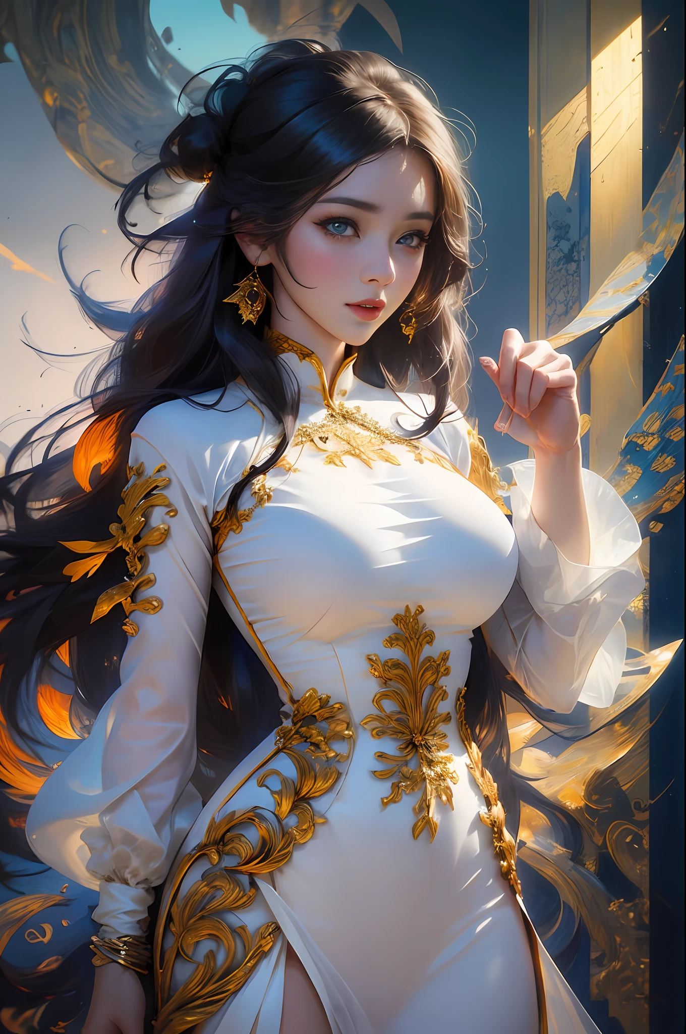 A beautiful girl, 22 years old, sexy theme, perfect face shape, oversize model, mature woman, tall long legs, (((super huge breasts))), (((glazed pupils))), long messy hair, happy, hand details, finger details, beautiful anime Huaifu style girl, super detailed painting, luminescism, art concept art by Kahn Griffith and Vadim Kashin, abstract beauty, standing, close to perfection, pure form, golden ratio, concept art, by Brian Froud, Carne Griffiths, Wadim Kashin and John William Waterhouse, intricate detail, 16k post-production, high resolution, hyperdetail, Artstation trend, sharp focus, studio photos, intricate detail, high detail,She wears the traditional Vietnamese dress ao dai , ao dai Vietnamese,She has big breasts, saggy breasts,She has beautiful big round eyes ,Double eyelid
