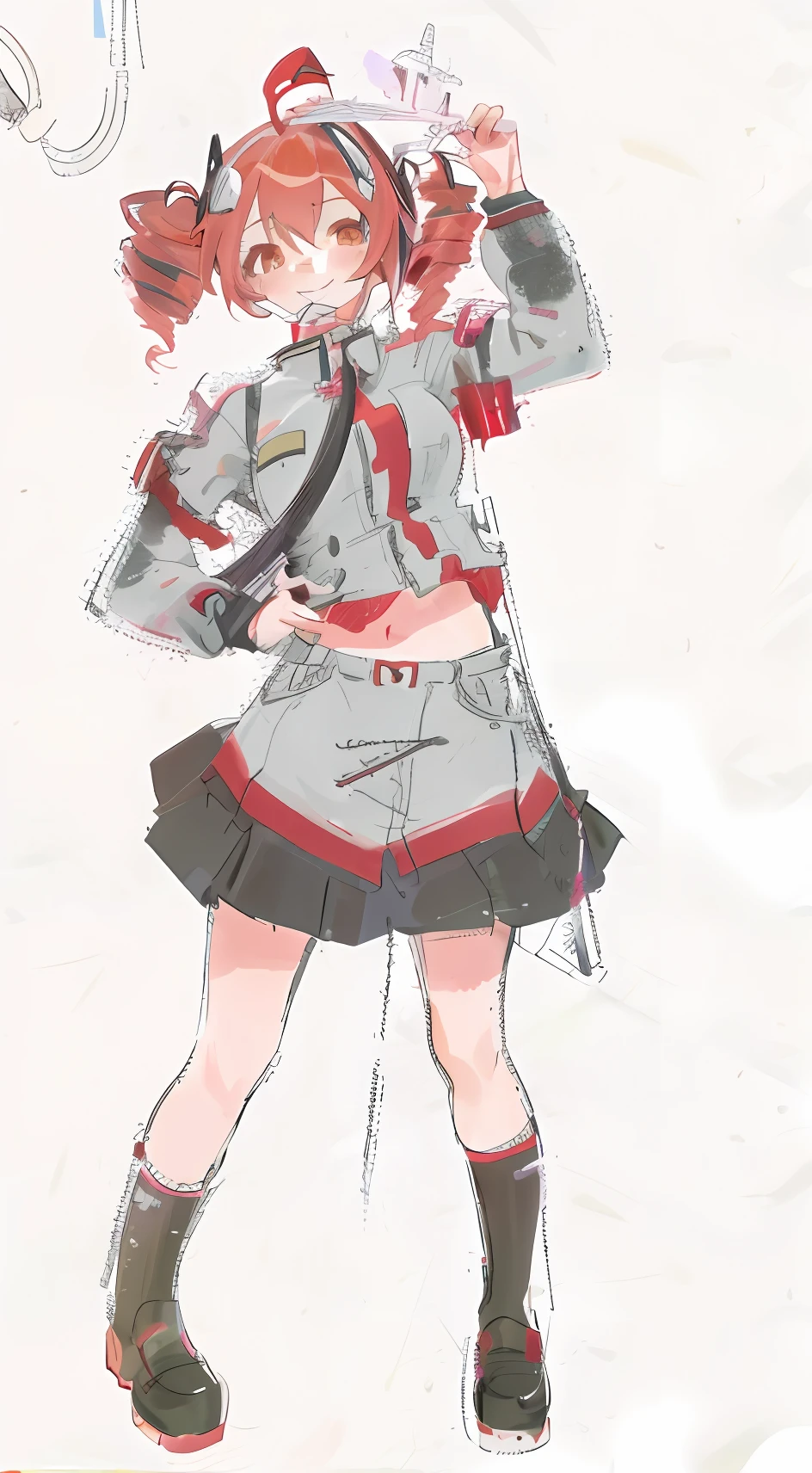 there is a girl with red hair and twin drills, anime style, painted in anime painter studio, made with anime painter studio, small curvy loli, high resolution, detailed shading, cute girl, kasane teto, vocaloid, military clothes, skirt, smiling, blush