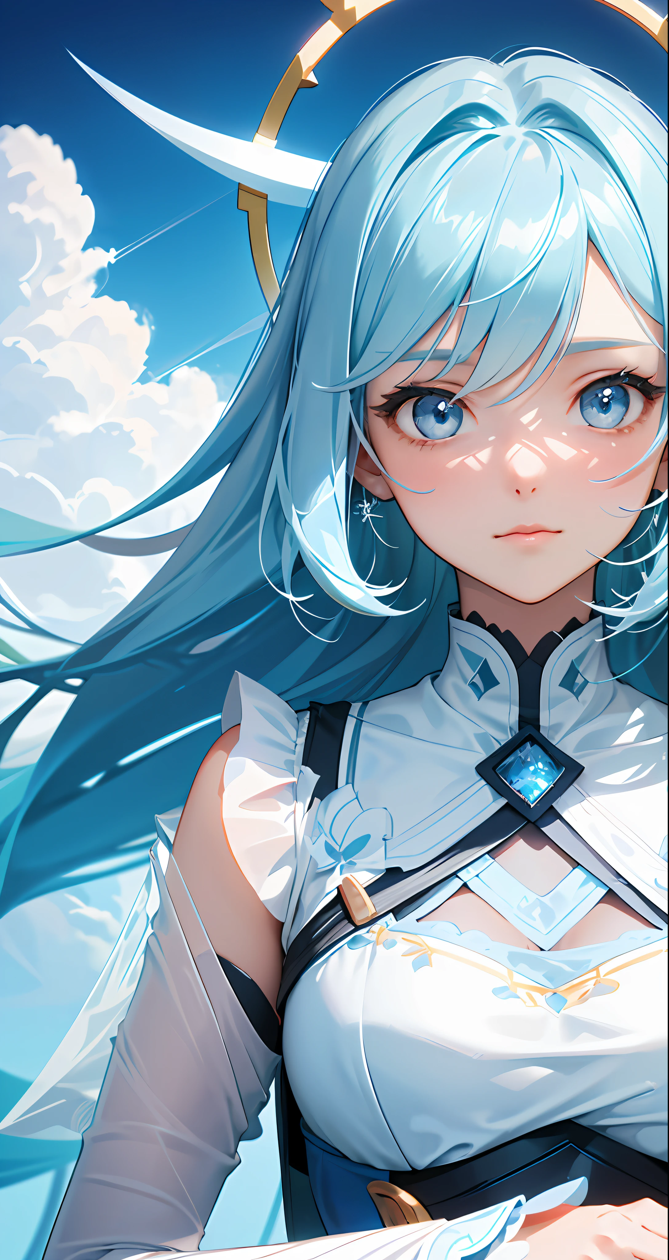 (8K, RAW photos, Top quality, Highly detailed CG unity 8K wallpaper, Masterpiece: 1.2), Girl, light blue beautiful hair, Floating in the sky, Cloud Girl, Clouds, (Close-up: 1.1), Bright, Happy, fun, Soft lighting, (bauhause, Shape, Line, abstracted: 1.1) Cornflower, small and beautiful girl with detailed eyes, light blue beautiful hair, light blue monochromatic dress, Upper body, The depth of field in the photo was perfect, and the lens flare added a nice touch. The fine features of his face really stood out, and the score in this photo was definitely over 10. in the background, there were clouds, A stunning picture,Really captured the beauty and clouds of the girl. , accurate depiction of the iris, Look lovingly at the audience,Like a gentle goddess,