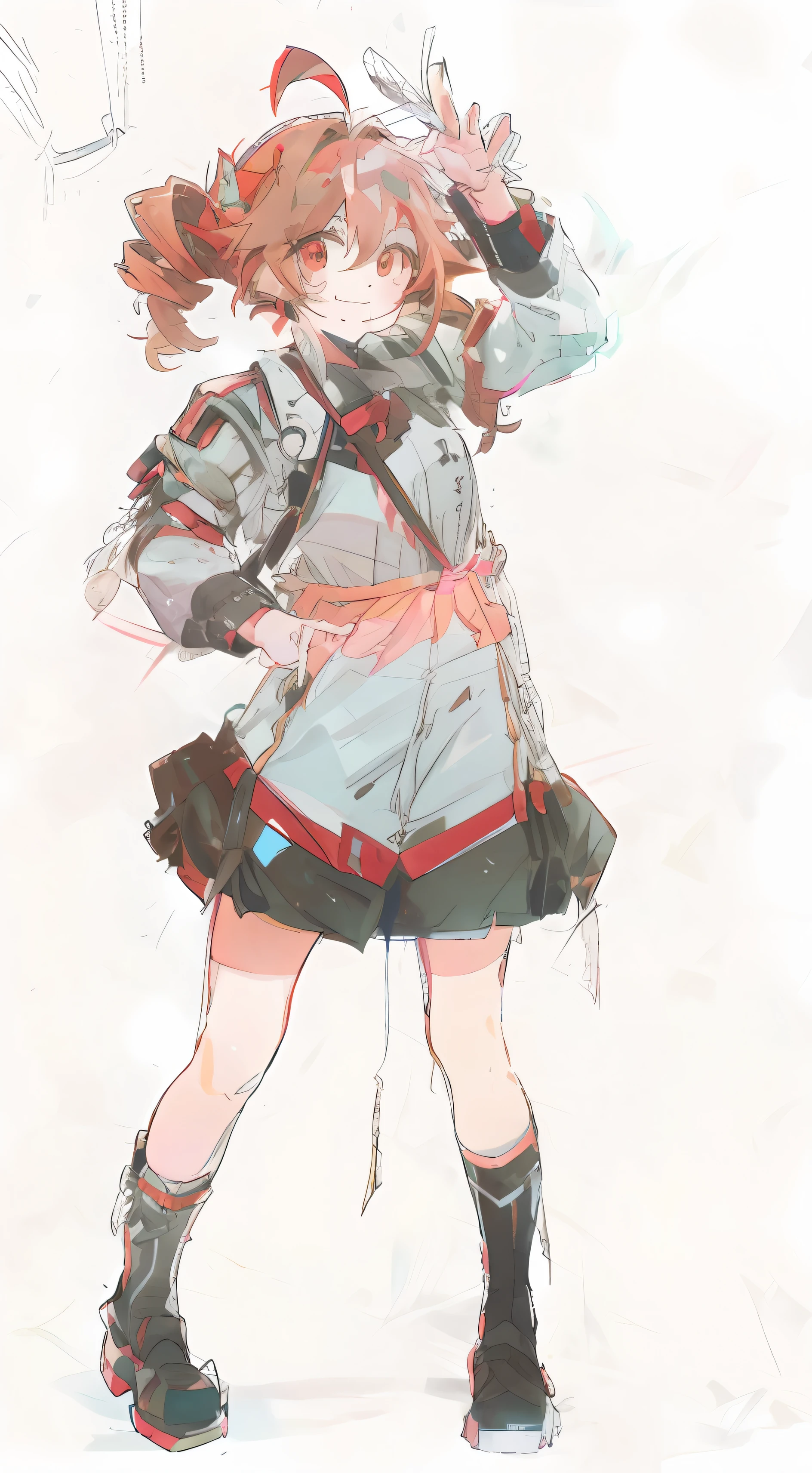 curvy, detailed clothes, twin drills, ahoge, peace pose, street background, war, millitary, cute girl looking at the horizont with two brown husky in his side, smile, red eyes