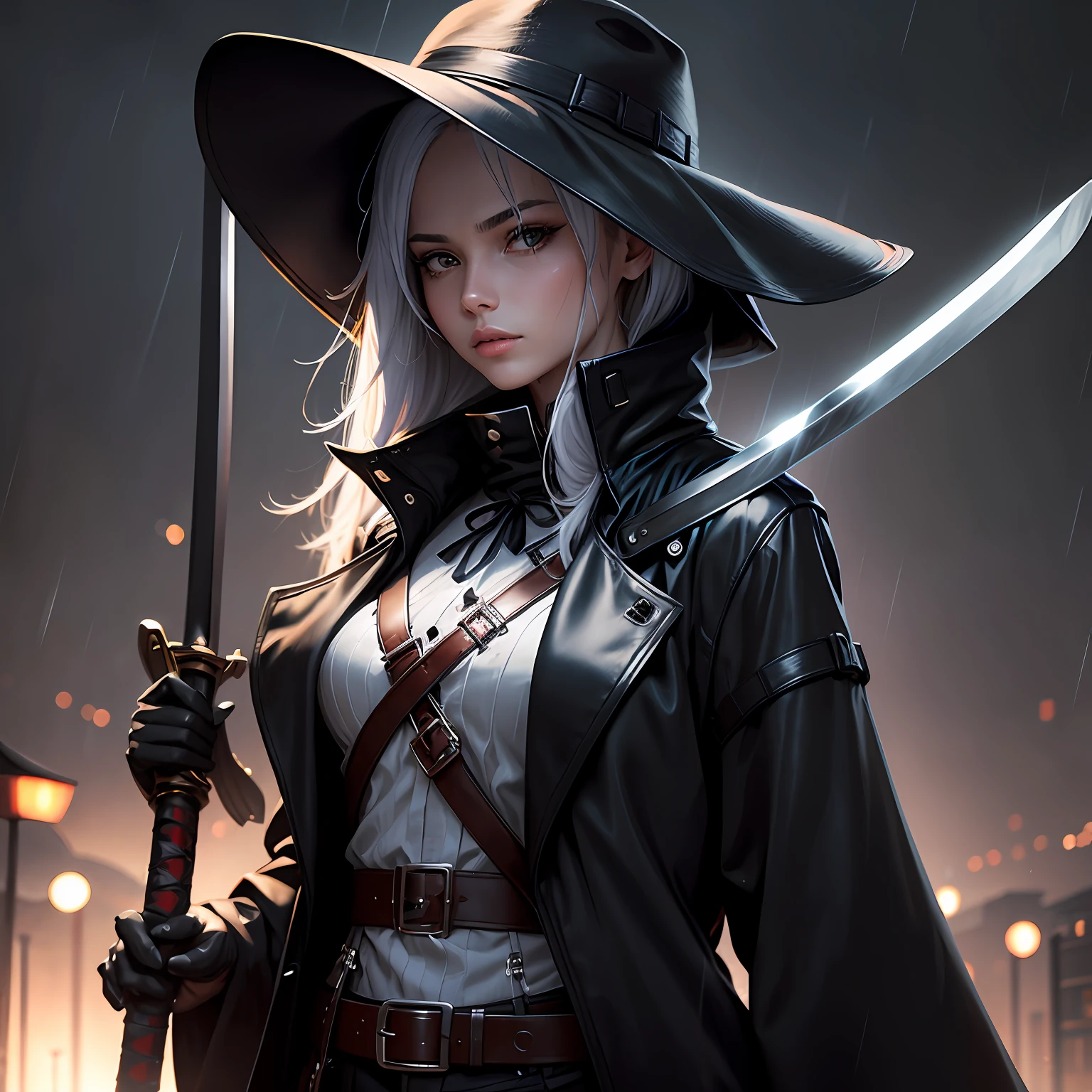 femele,katana swords,a black trench coat,With a bucket hat,rained --auto