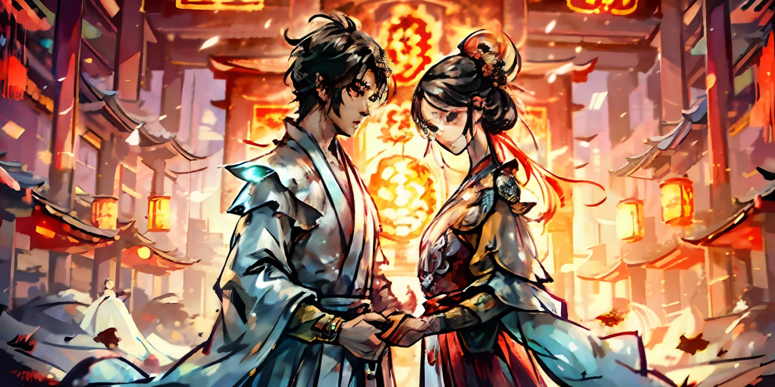 RAW photos,best qualtiy,A high resolution,a young man and a woman,Handsome,Cartoony,eyes with brightness,adolable,Chinese 2D,Chinese wedding dress,Red clothes,Look at each other affectionately,Fine facial expressions,affectionate