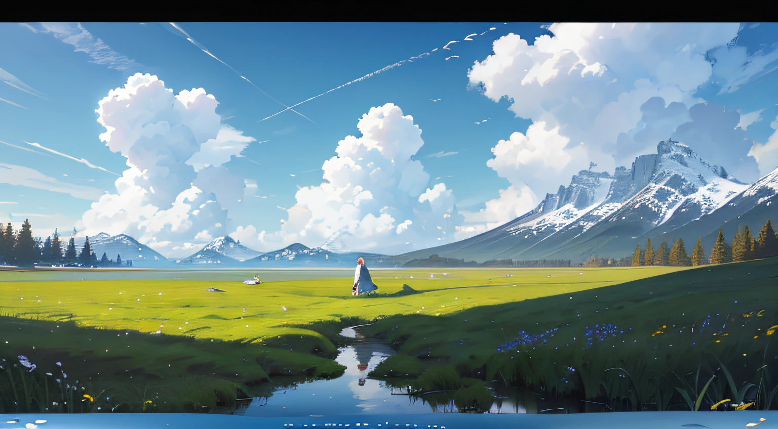 Summer, meadows, few small flowers, crystal clear lakes, sheep, heaven, big clouds, blue sky, hot weather, HD details, wet watermarks, hyper-detail, cinematic, surrealism, soft light, deep field focus bokeh, distant is snowy mountains, ray tracing and surrealism --auto