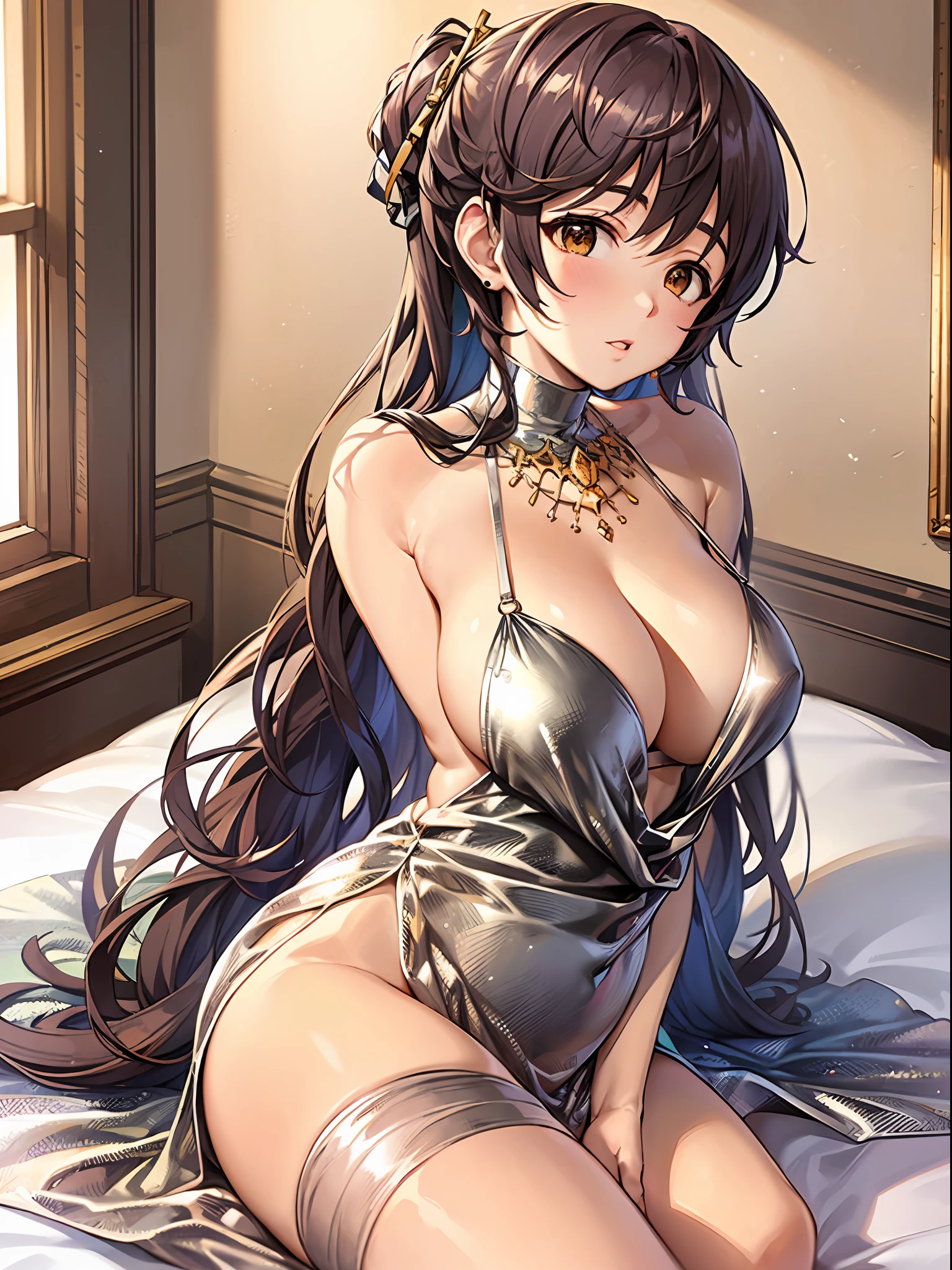(巨作)), ((Best quality)), (Ultra-detailed), ((kawaii)), kawaii, (Lovely), ((Extremely detailed)), 4K, (8K), Best quality, (Beautiful),(((World-class quality))), Extremely detailed, High resolution, (detailed shaded pretty face), Full body, Adolecente, solo, ((seios gigantescos)), (((Sagging breasts))),((Long hair)),LuxuriousWheelsCostume, silvercleavage dress, oikawa shizuku , armpits, On the bed, From the side Side