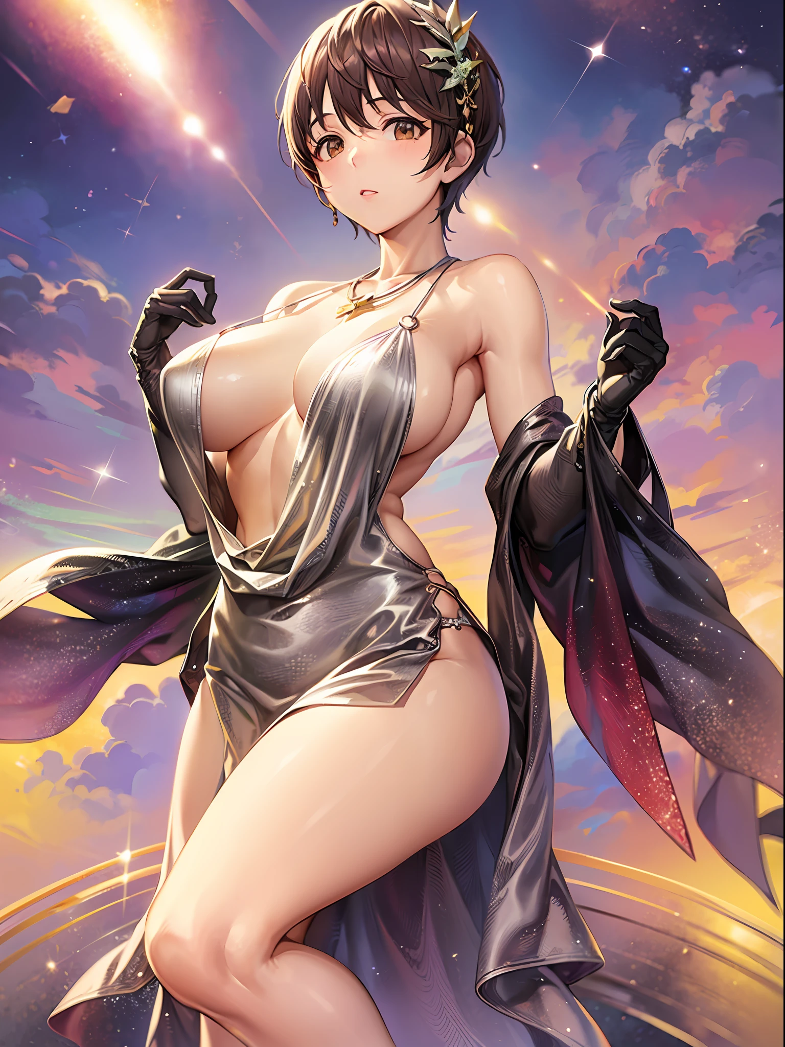 (巨作)), ((Best quality)), (Ultra-detailed), ((kawaii)), kawaii, (Lovely), ((Extremely detailed)), 4K, (8K), Best quality, (Beautiful),(((World-class quality))), Extremely detailed, High resolution, (detailed shaded pretty face), Full body, Adolecente, solo, ((seios gigantescos)), (((Sagging breasts))),((Long hair)),LuxuriousWheelsCostume,  silvercleavage dress,  oikawa shizuku , armpits, On the bed, From the side Side