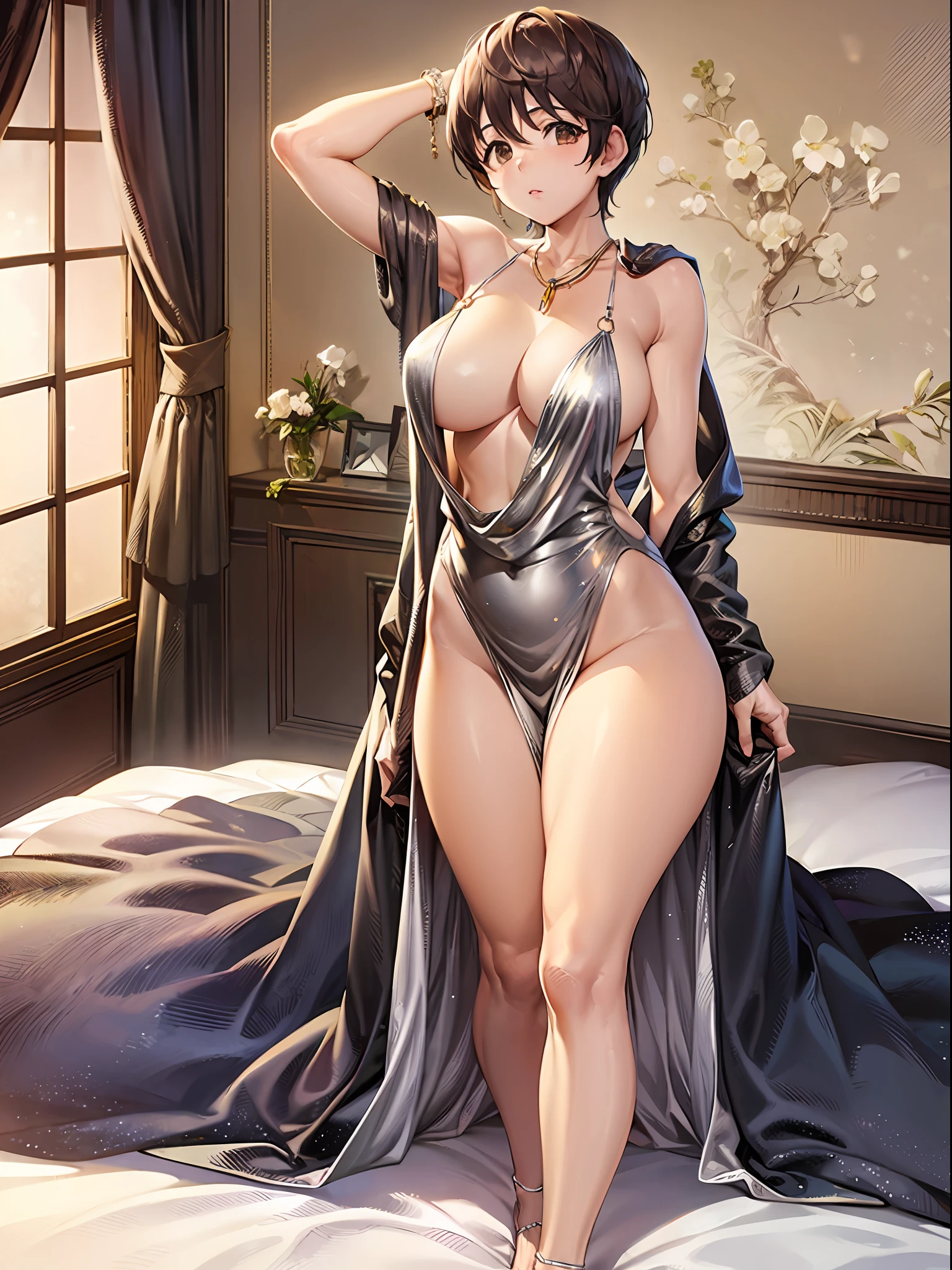 (巨作)), ((Best quality)), (Ultra-detailed), ((kawaii)), kawaii, (Lovely), ((Extremely detailed)), 4K, (8K), Best quality, (Beautiful),(((World-class quality))), Extremely detailed, High resolution, (detailed shaded pretty face), Full body, Adolecente, solo, ((seios gigantescos)), (((Sagging breasts))),((Long hair)),LuxuriousWheelsCostume, silvercleavage dress, oikawa shizuku , armpits, On the bed, From the side Side