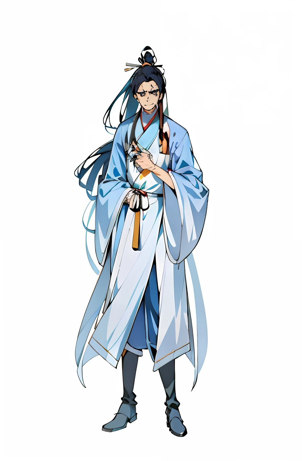 Anime characters with long hair and blue robes holding a fan, flowing hair and long robes, full-body wuxia, inspired by Wu Daozi, wearing a long flowing robe, Wears a robe with a moire pattern,brunette color hair,Wearing black boots,With a fan,The robe has a white pattern,The scent hangs around the waist,There are white flowers on the aroma,The expression is a smile,big-eyed handsome guy,There is a pattern on the bottom of the robe