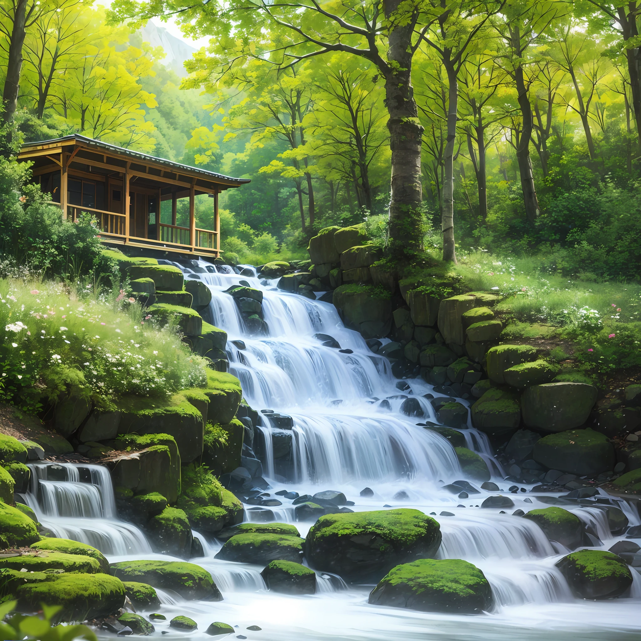 springtime，forest，Clear creek，Pavilion，deep mountain，small waterfalls