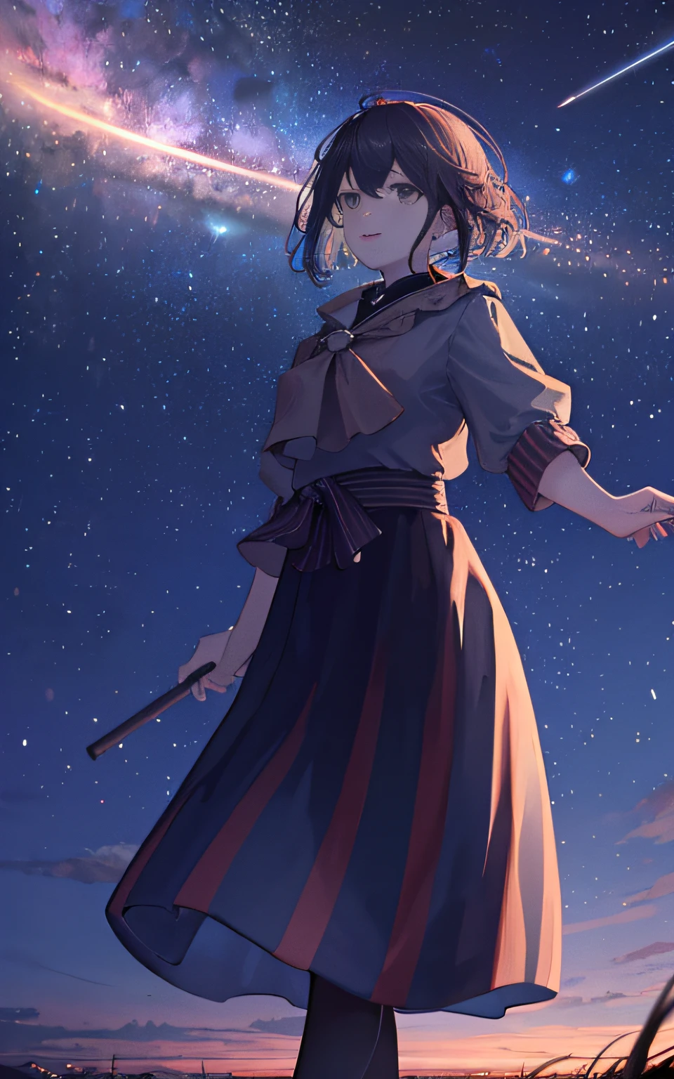 1 adult female,夏天,standing in a grass field,natta,starrysky,Meteor swarm,Top image quality,masterwork,Beautiful Landscapes