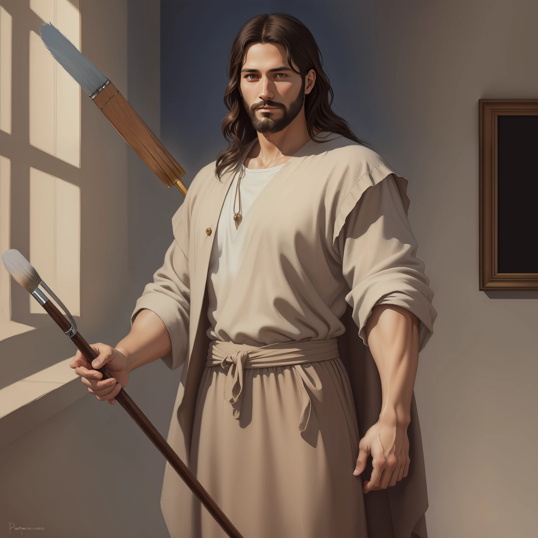 A beautiful ultra-thin realistic portrait of Jesus, the prophet, a man 33 years old Hebrew brunette, short brown hair, long brown beard, with staff in hand, wearing long linen tunic closed on the chest part, in front view, full body, biblical, realistic,by Diego Velázquez,Peter Paul Rubens,Rembrandt,Alex Ross,8k, Concept Art, PhotoRealistic, Realistic, Illustration, Oil Painting, Surrealism, HyperRealistic, brush brushes, Digital art, style, watercolor