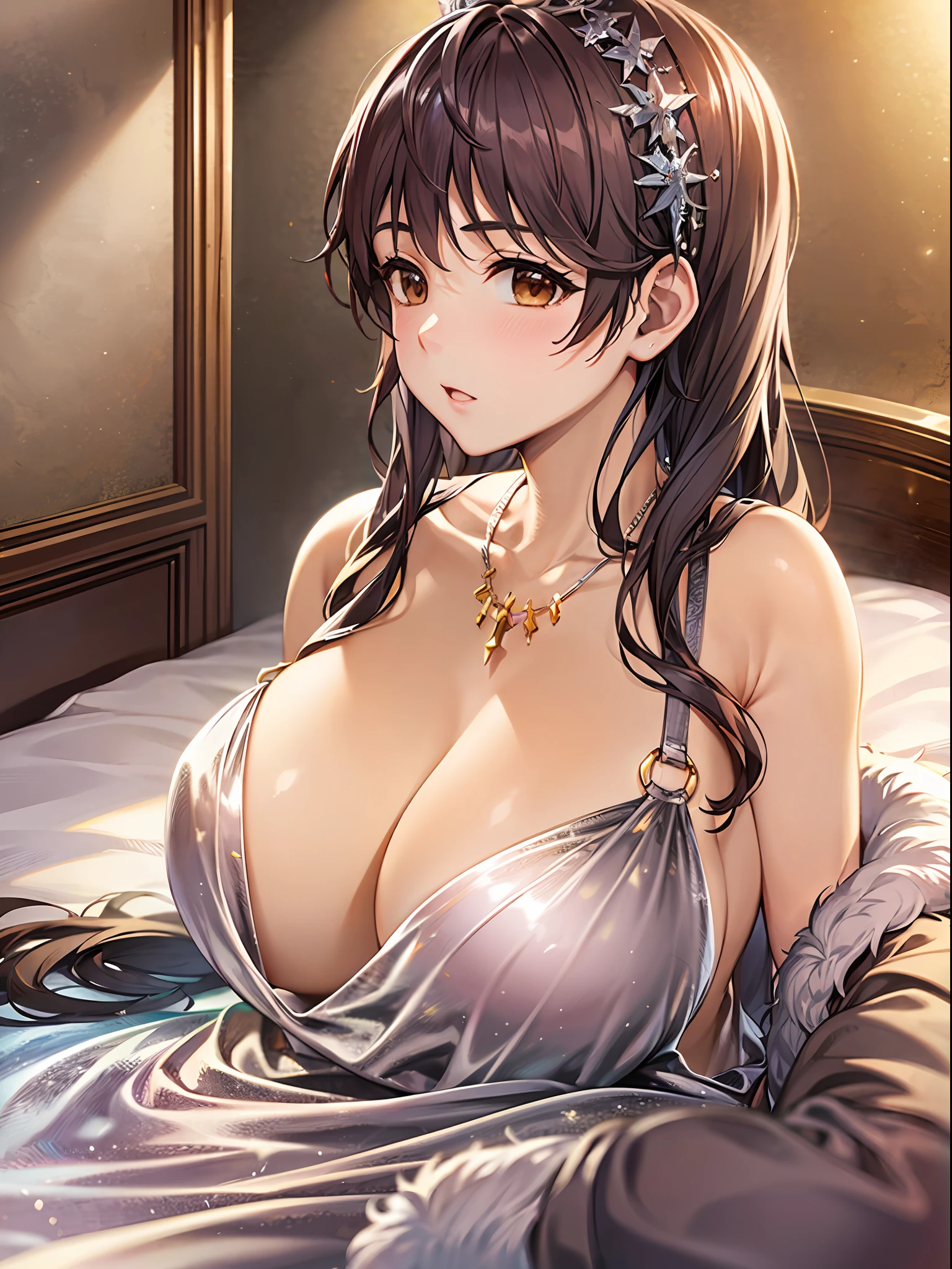 (巨作)), ((Best quality)), (Ultra-detailed), ((kawaii)), kawaii, (Lovely), ((Extremely detailed)), 4K, (8K), Best quality, (Beautiful),(((World-class quality))), Extremely detailed, High resolution, (detailed shaded pretty face), Full body, Adolecente, solo, ((seios gigantescos)), (((Sagging breasts))),((Long hair)),LuxuriousWheelsCostume, silvercleavage dress, oikawa shizuku , armpits, On the bed, From the side Side