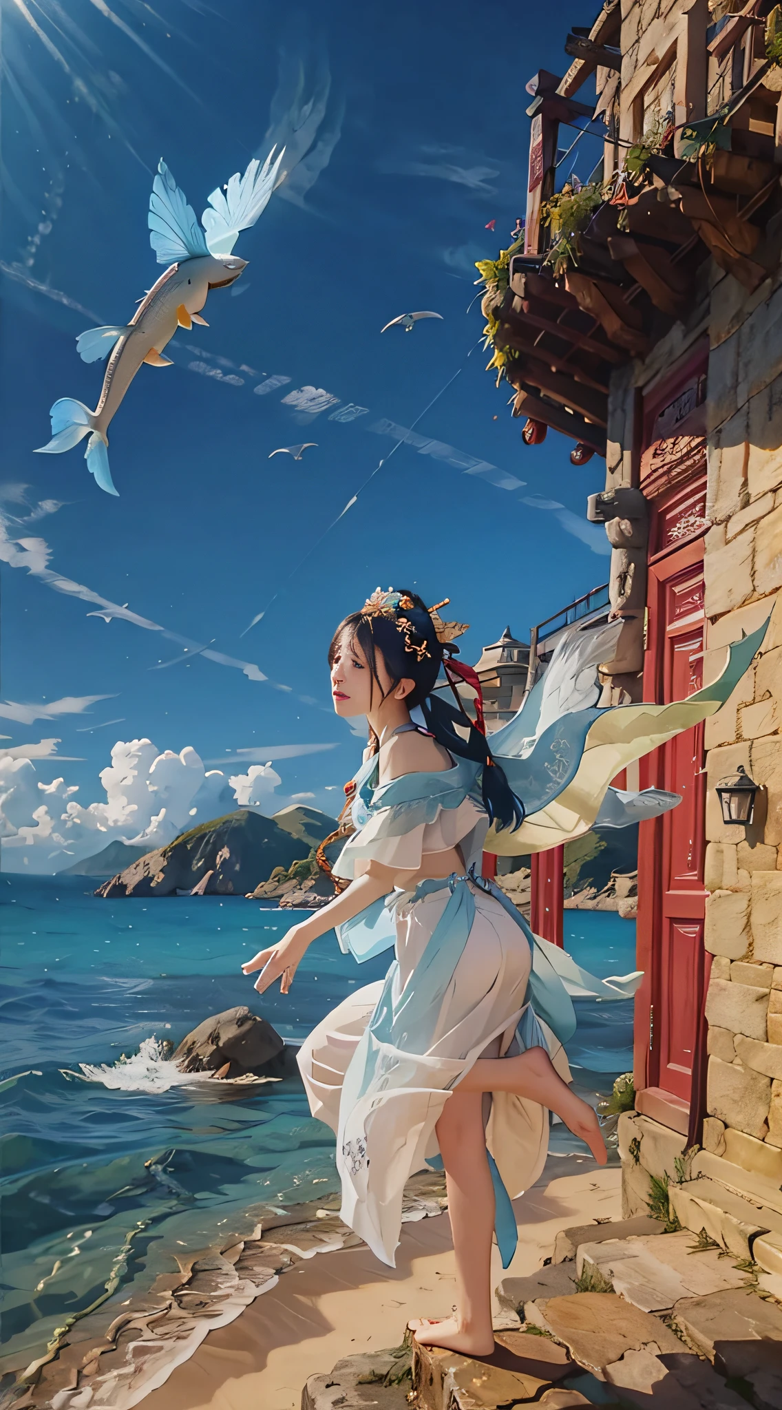 White wings, blue sea and long sky, fish leaping over the dragon gate