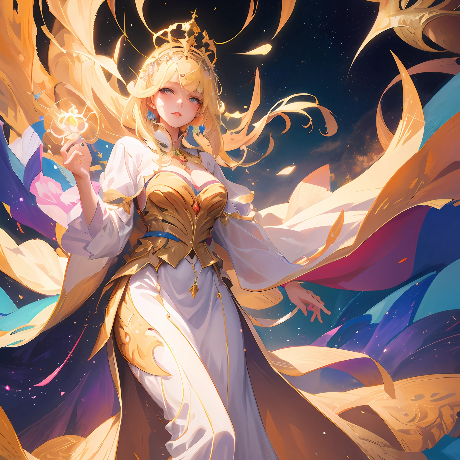 Blonde woman in white dress anime goddess, Guweiz in Pixiv ArtStation, trending on artstation pixiv, ((a beautiful fantasy empress)), a beautiful fantasy empress, Guweiz on ArtStation Pixiv, Goddess of Light, Kushatt Krenz Key Art Women, portrait of queen of light