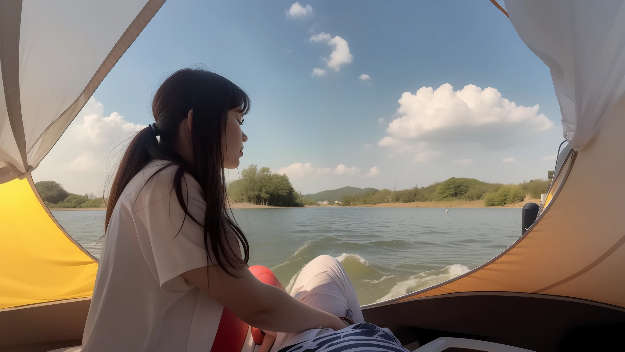 There was a woman sitting in a tent looking at the water, on a boat on a lake, On a boat, the photo was taken from a boat, taken on go pro hero8, on  the lake, river in the background, sitting in a small bamboo boat, near a river, taken with sony alpha 9, captured with sony a3 camera